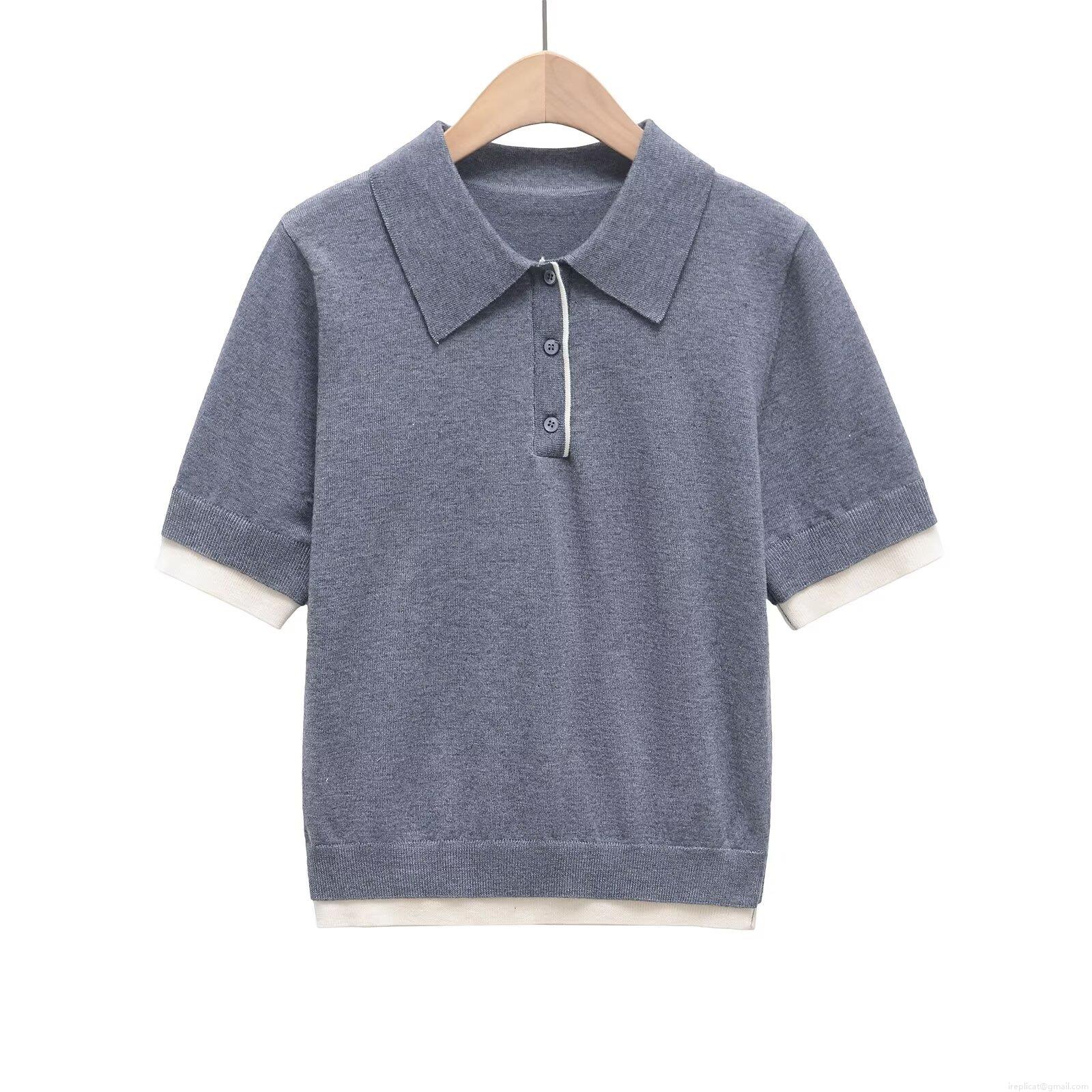 Women's Knit Polo T-Shirt Contrast Trim Fake Two Piece Short Sleeve Lapel Collar Casual Streetwear Summer Knitwear Tops For Ladies