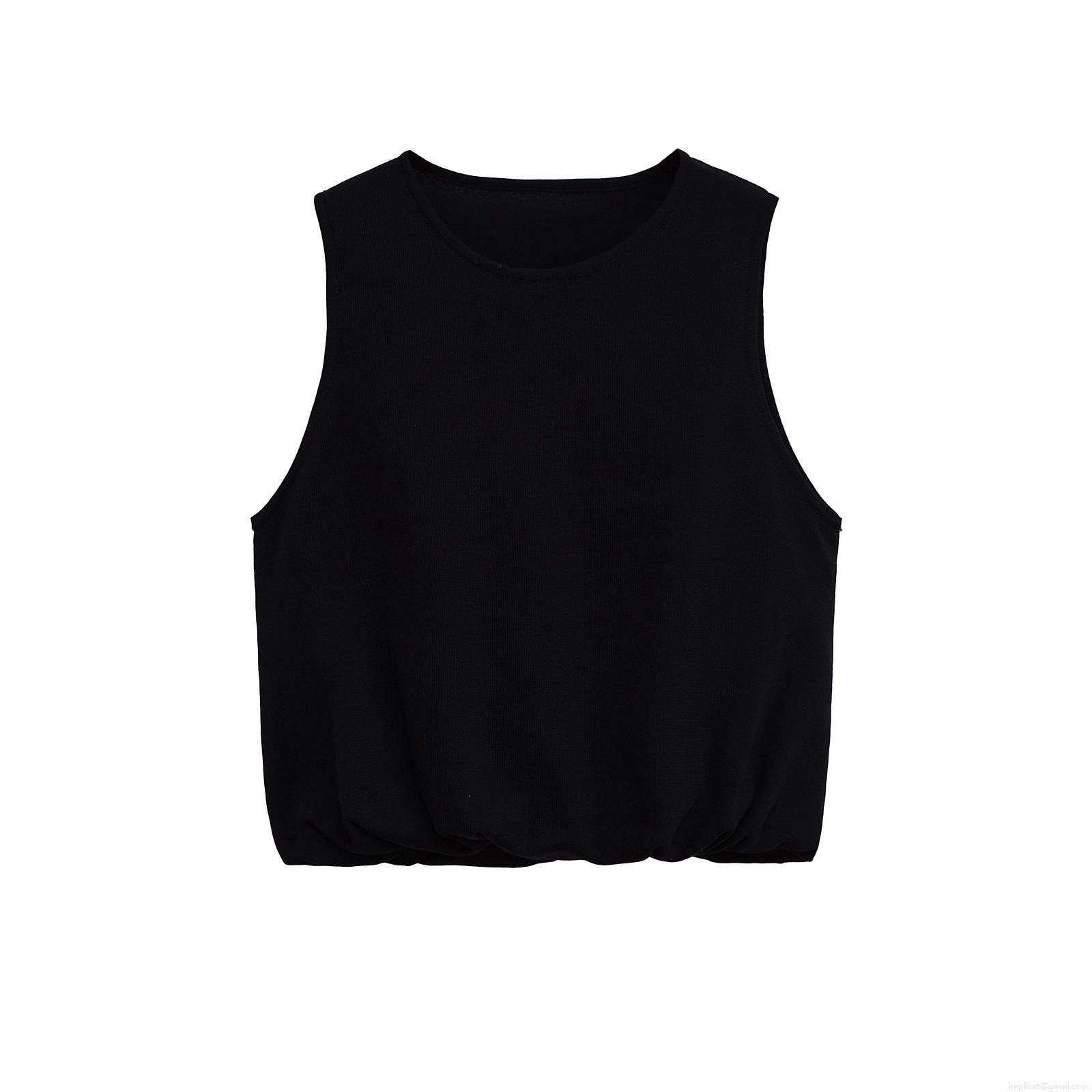 Women's Summer Knit Sleeveless T-Shirt Round Neck Solid Black Peplum Hem Vest Top Casual Mercerized Cotton Blend Streetwear Blouse For Women