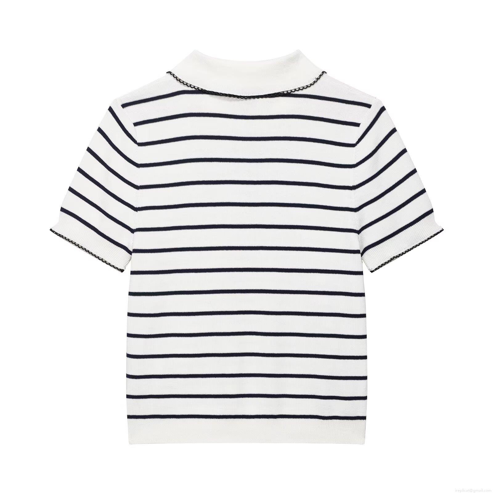 Women Peter Pan Collar Striped Knit Polo Shirt Contrast Scalloped Trim Short Sleeve Summer T-Shirt Polyester Casual Slim Fit Top Streetwear Ladies Fashion