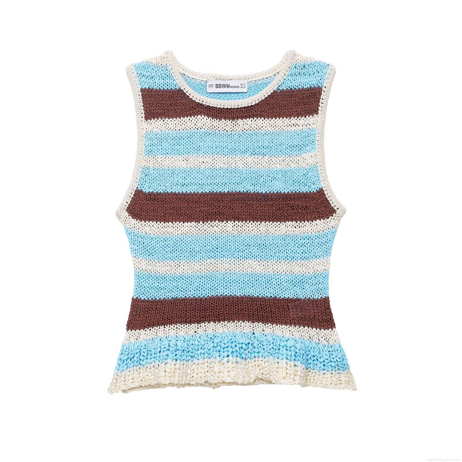 Women's Crochet Knit Striped Vest Top Color Block Sleeveless Round Neck T-Shirt For Summer Streetwear Casual Pullover Hollow Out Tank Top