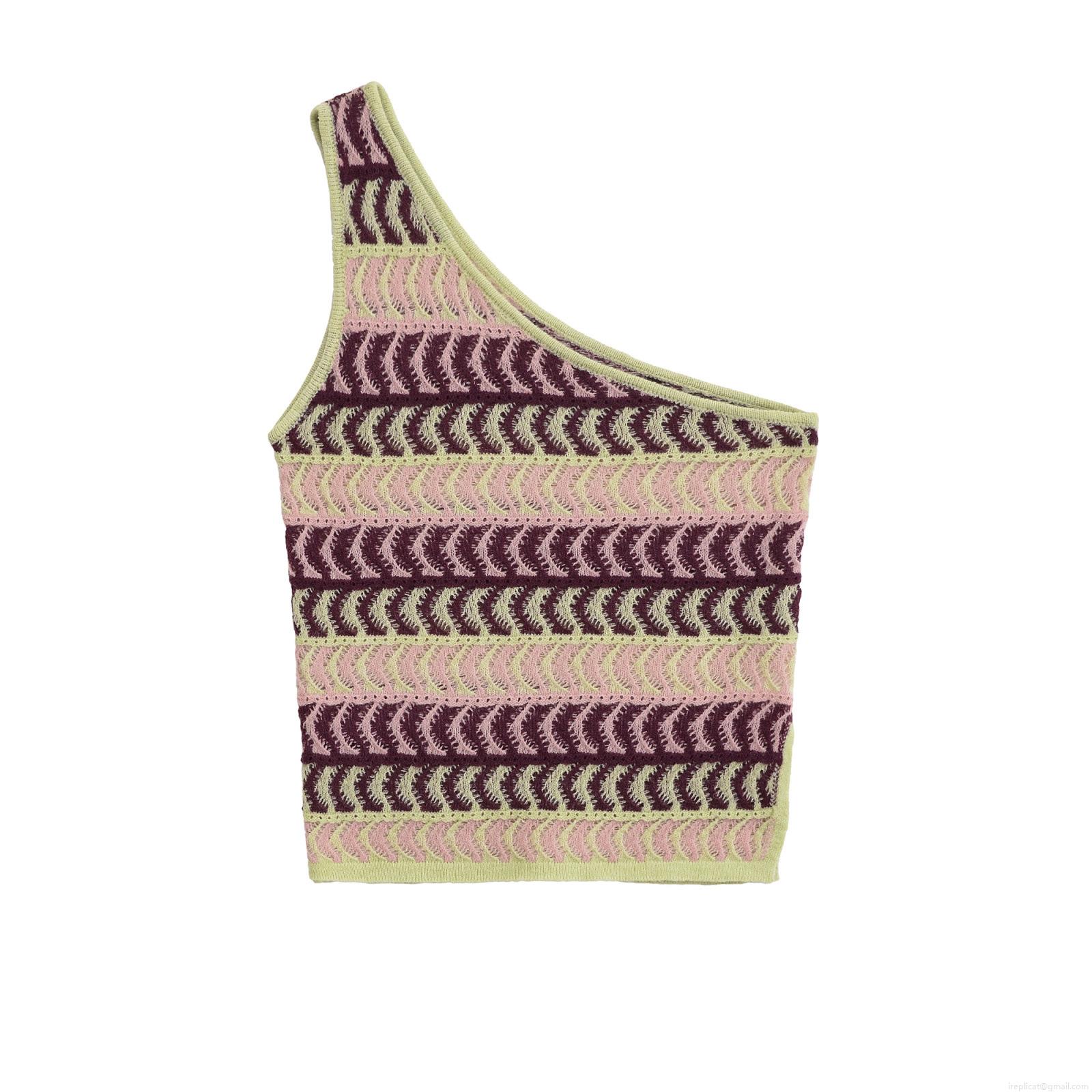 Women's One Shoulder Knit Tank Top Colorful Wavy Striped Slant Neck Sleeveless Crochet Crop T-Shirt For Summer Streetwear Vacation Beach Party