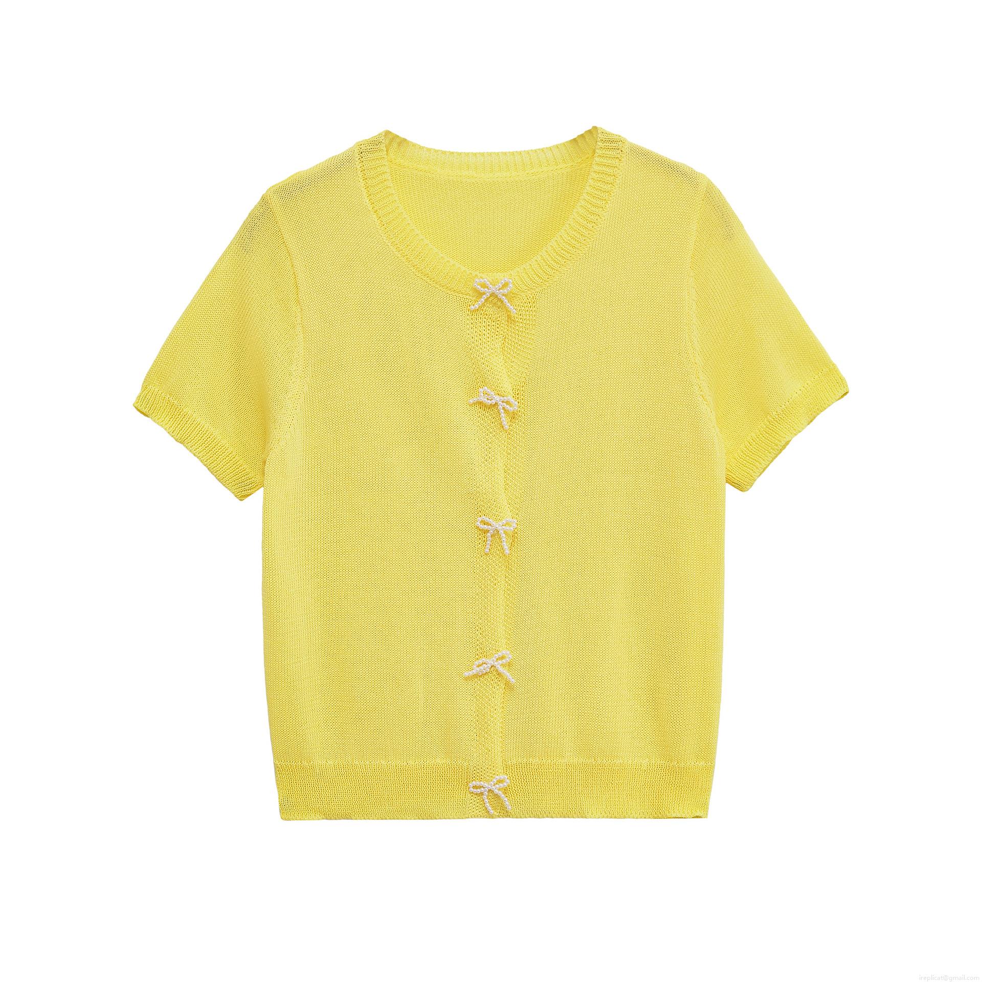 Women's Pearl Bow Knitted T-Shirt Short Sleeve Round Neck Solid Yellow Cardigan Top Fashion Streetwear Tee For Summer Daily Party