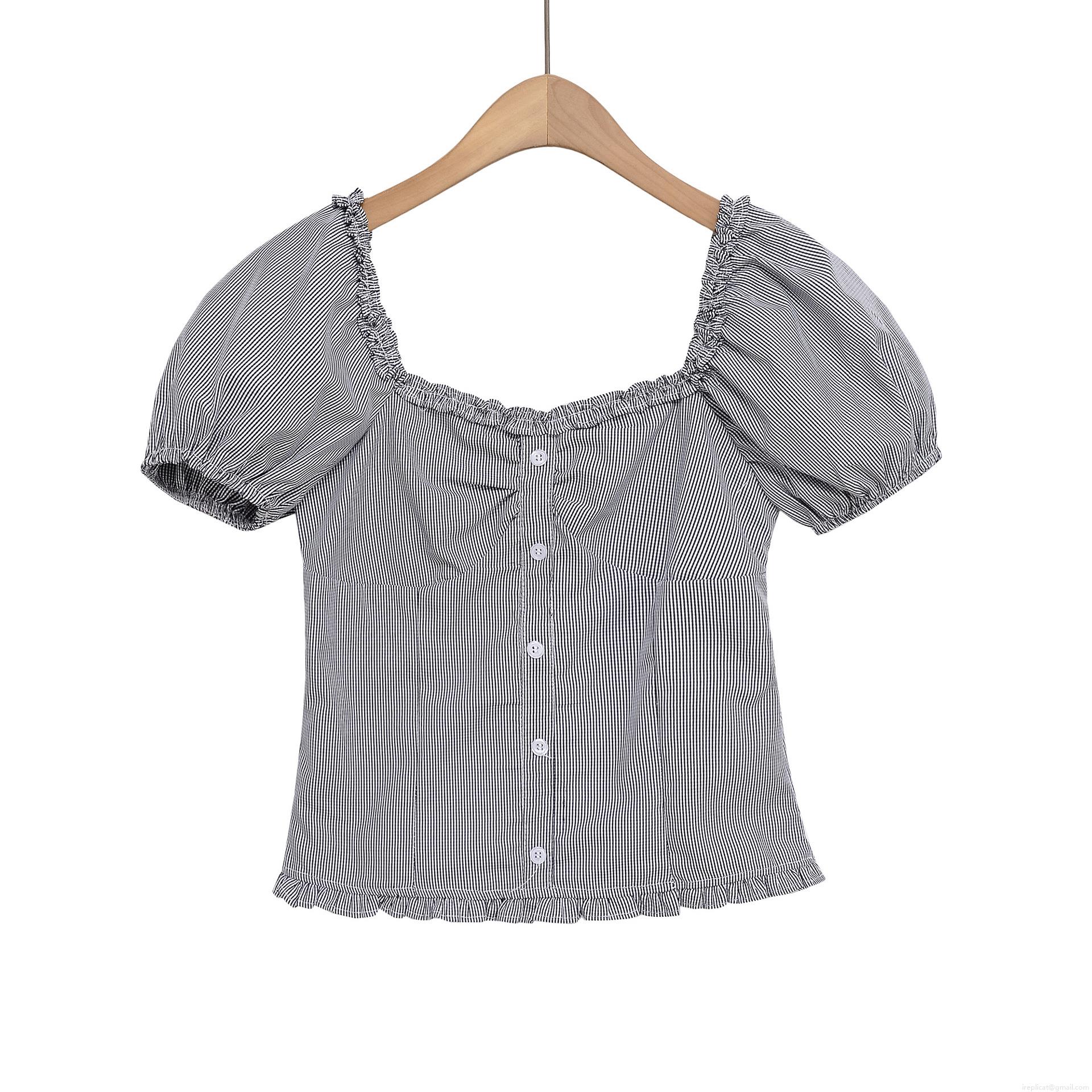 Women's Gingham Plaid Ruffle Trim T-Shirt Puff Sleeve Square Neck Button Up Polyester Blend Top Summer Fashion Streetwear Daily Casual Ladies Blouse