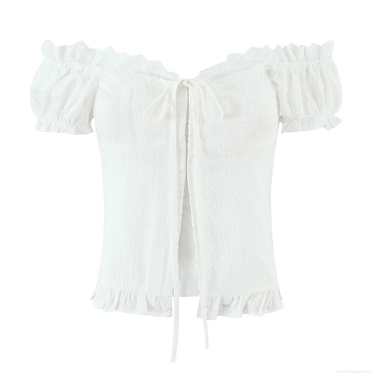 Women's Off Shoulder Short Sleeve Top Cotton Swiss Dot Puff Sleeve Tie-Up Cardigan Lace Trim French Vintage Style Breathable Slim Fit White Blouse