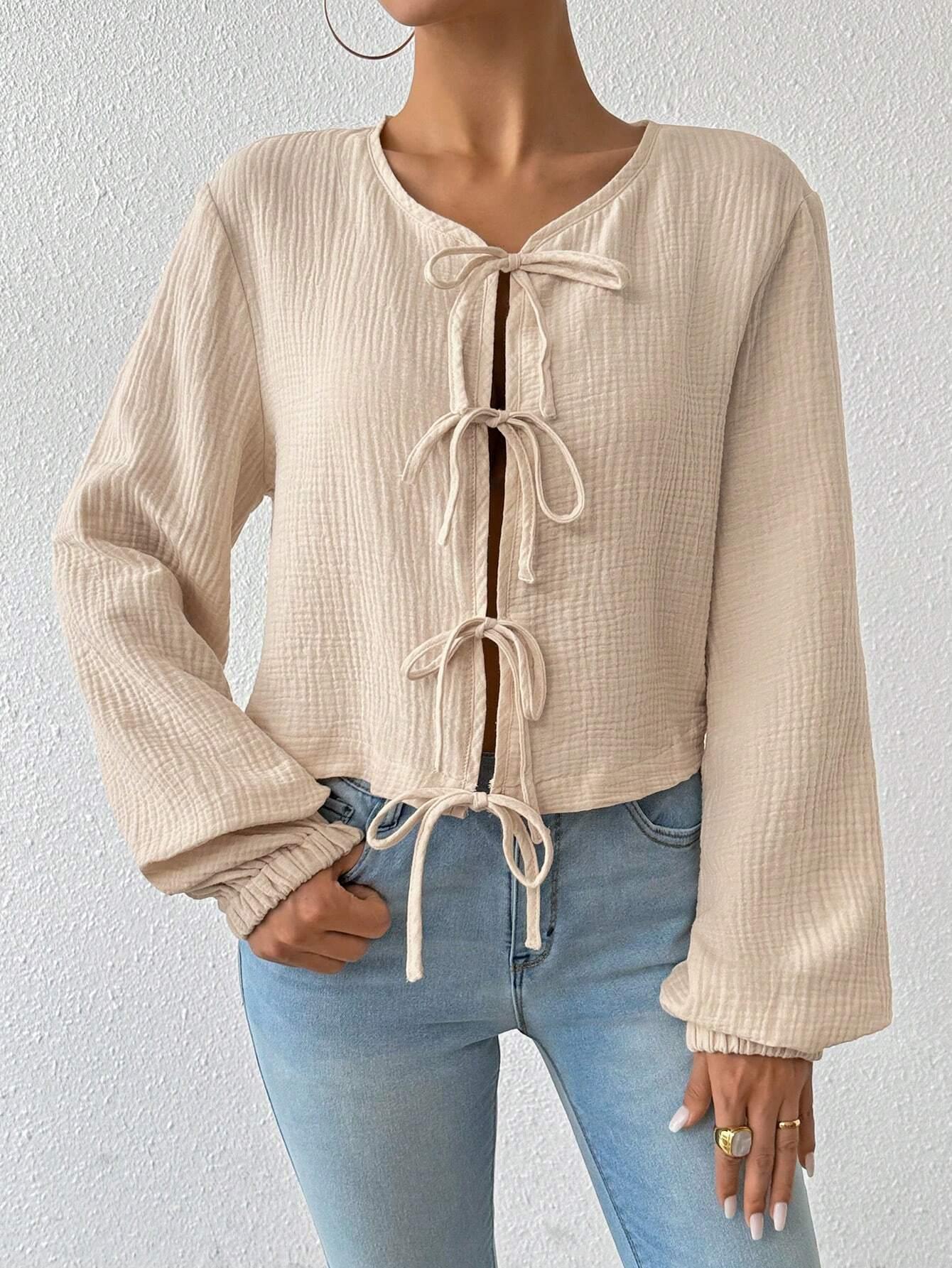 Women's Elegant Tie Front Cardigan Top 100% Cotton Pleated Crinkled Long Sleeve Lantern Blouse Casual Short Shirt For Women
