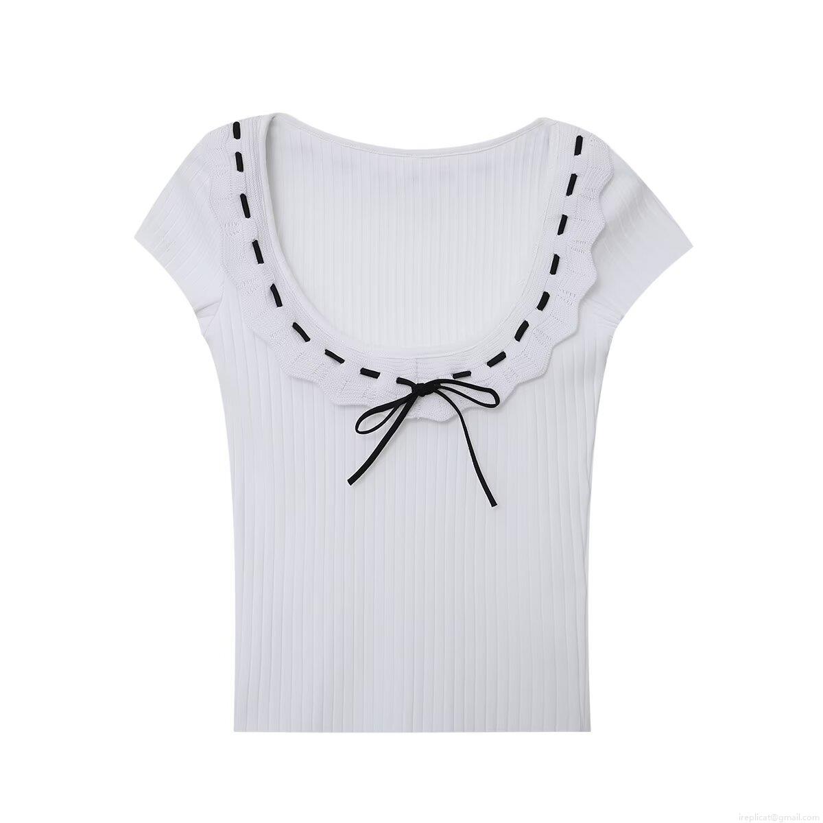 Women's Ribbed Knit T-Shirt Contrast Bow Ruffle Trim U-Neck Short Sleeve Slim Fit Casual Streetwear Tee Top For Women