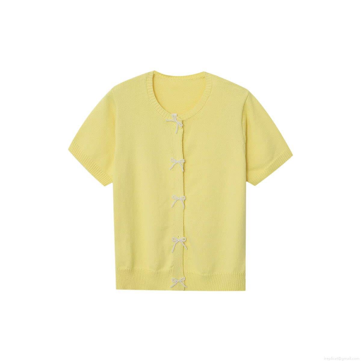 Women Short Sleeve Knit T-Shirt With Pearl Bow Buttons Round Neck Solid Yellow Sweet Summer Cardigan Top For Women Casual Streetwear