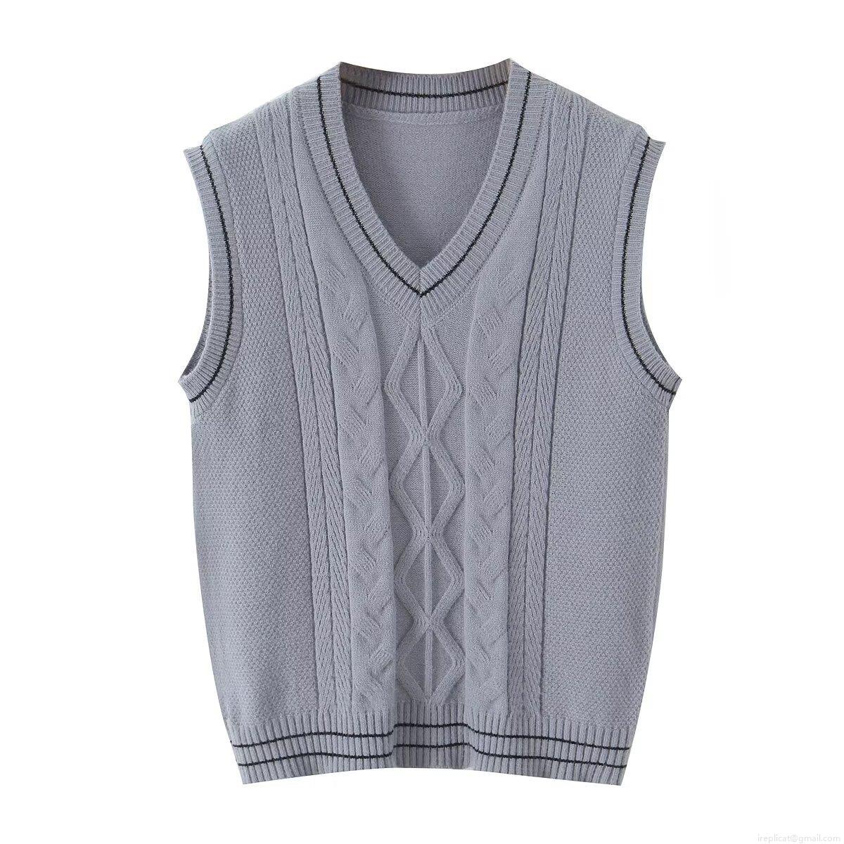 Women's V Neck Sleeveless Cable Knit Sweater Vest Loose Color Block Trim Pullover Knitwear Waistcoat For Fall Winter Casual Streetwear Ladies Tops