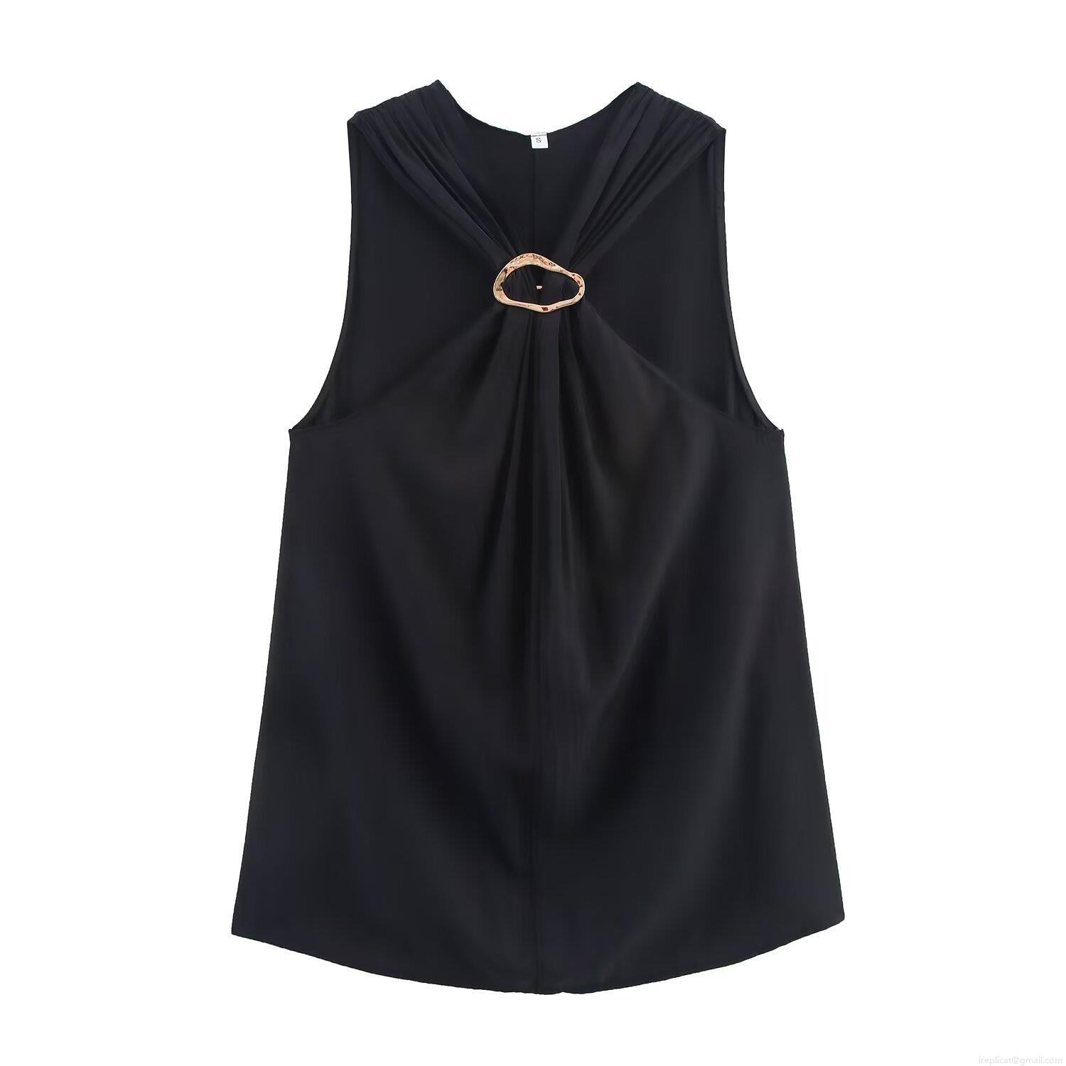 Women's Sleeveless T-Shirt Round Neck Solid Color Top With Irregular Golden Metal Ring Decoration Mid-Length Elegant Streetwear Tank Top For Daily Dating