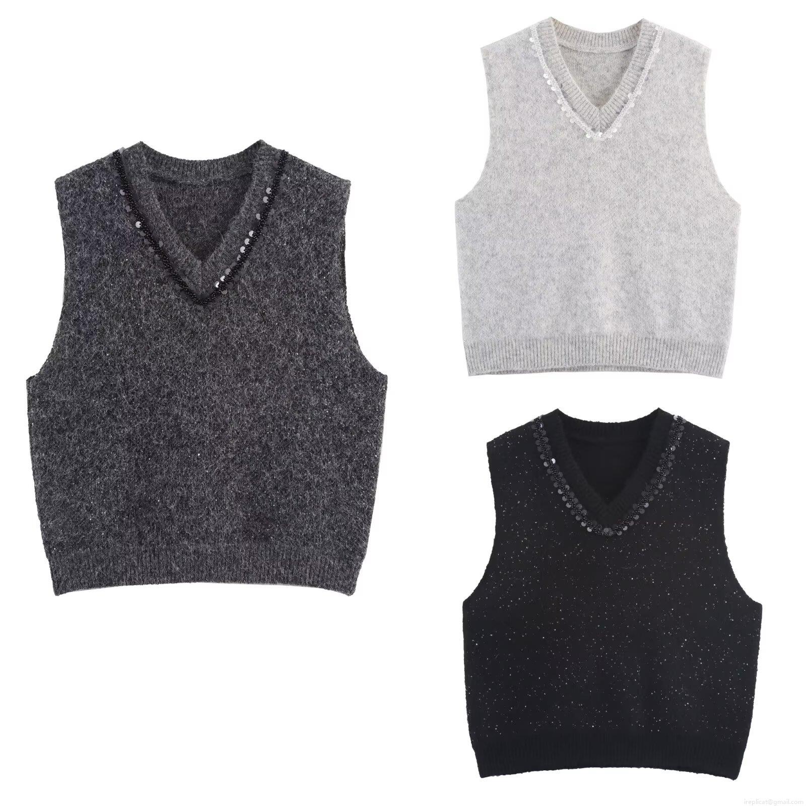 Women's V-Neck Sleeveless Knitted Vest With Sequin Bead Trim Polyester Knit Sweater Tank Top Casual Streetwear Pullover For Autumn Winter