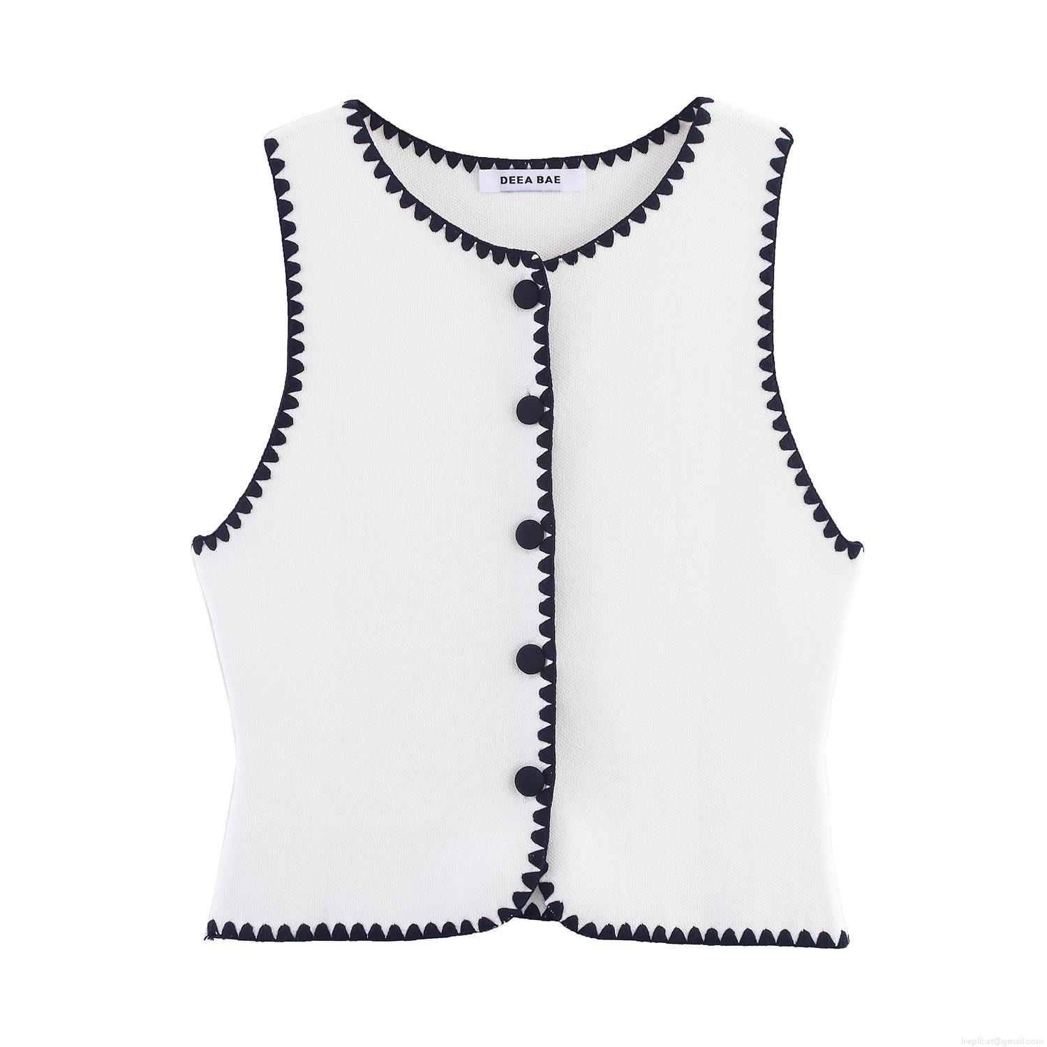 Women's Knit Vest Scalloped Contrast Trim Button Down Sleeveless Sweater Round Neck Casual Streetwear Polyester Waistcoat Autumn Fashion Top