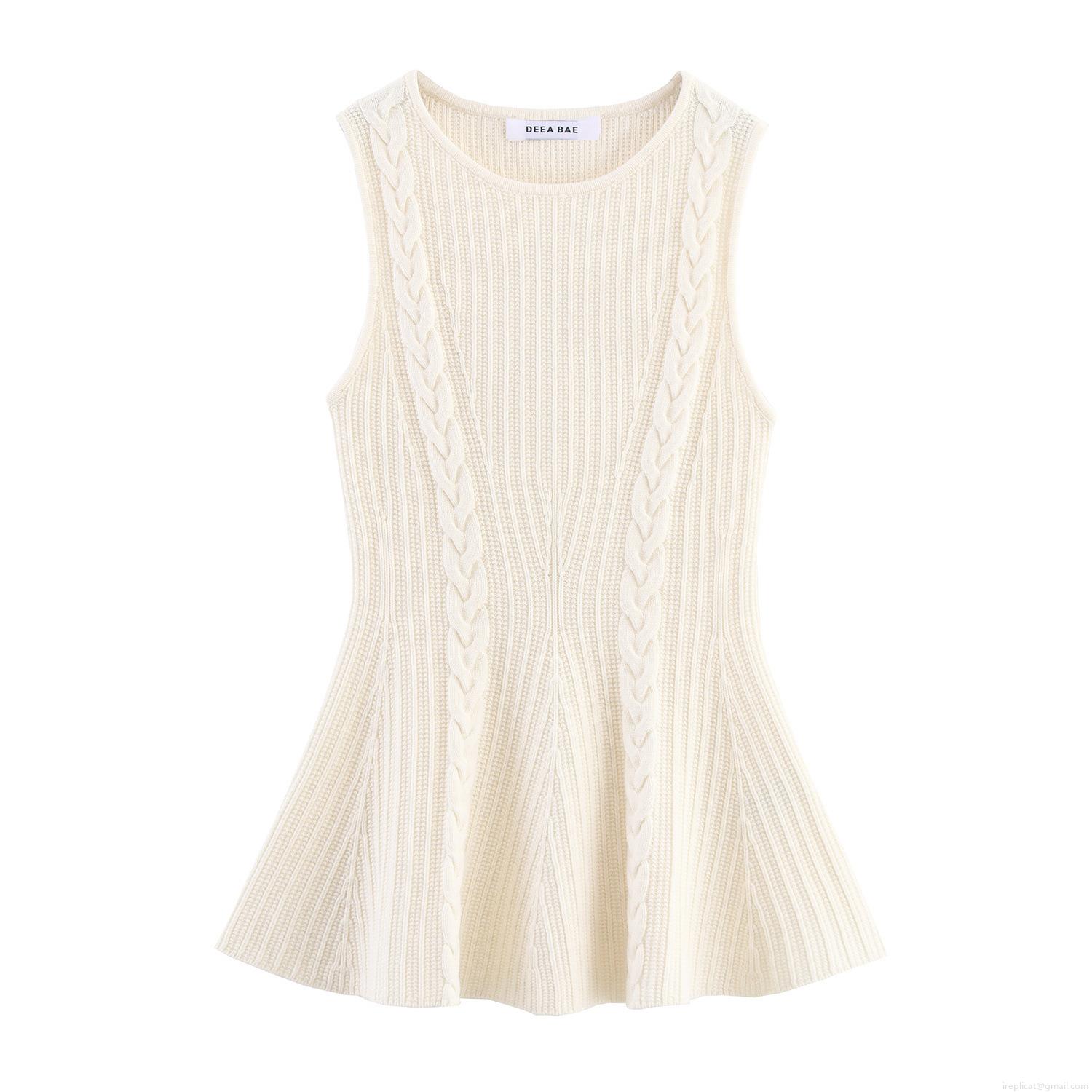 Women's Cable Knit Vest Round Neck Sleeveless Peplum Hem Top Polyester Knitted T-Shirt Solid Color Slim Fit Autumn Streetwear Outfits for Women