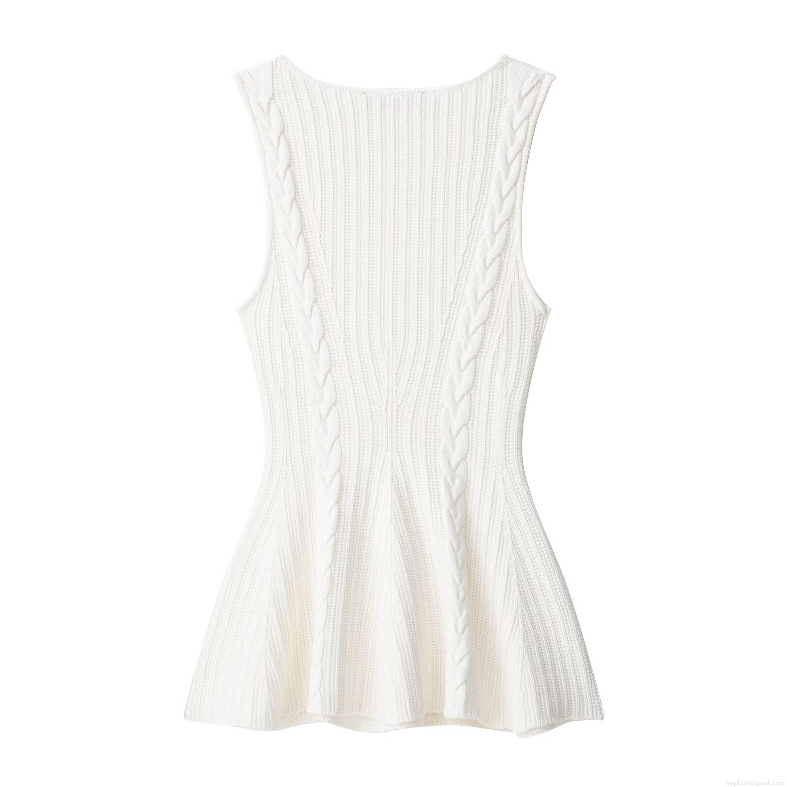 Women's Sleeveless Cable Knit T-Shirt Round Neck Peplum Hem Polyester Knit Top Streetwear Casual Solid Color Slim Fit Vest For Autumn