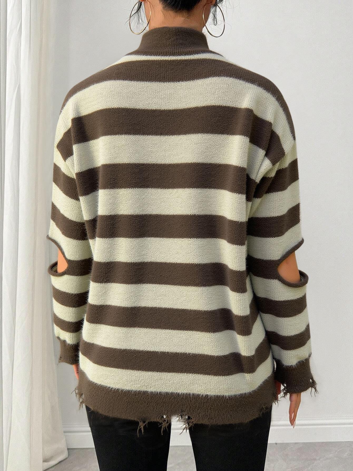 Women's Oversized Striped Knit Sweater 100% Polyester Half Zip Stand Collar Distressed Ripped Hem Cutout Elbow Long Sleeve Mid-Length Pullover Top