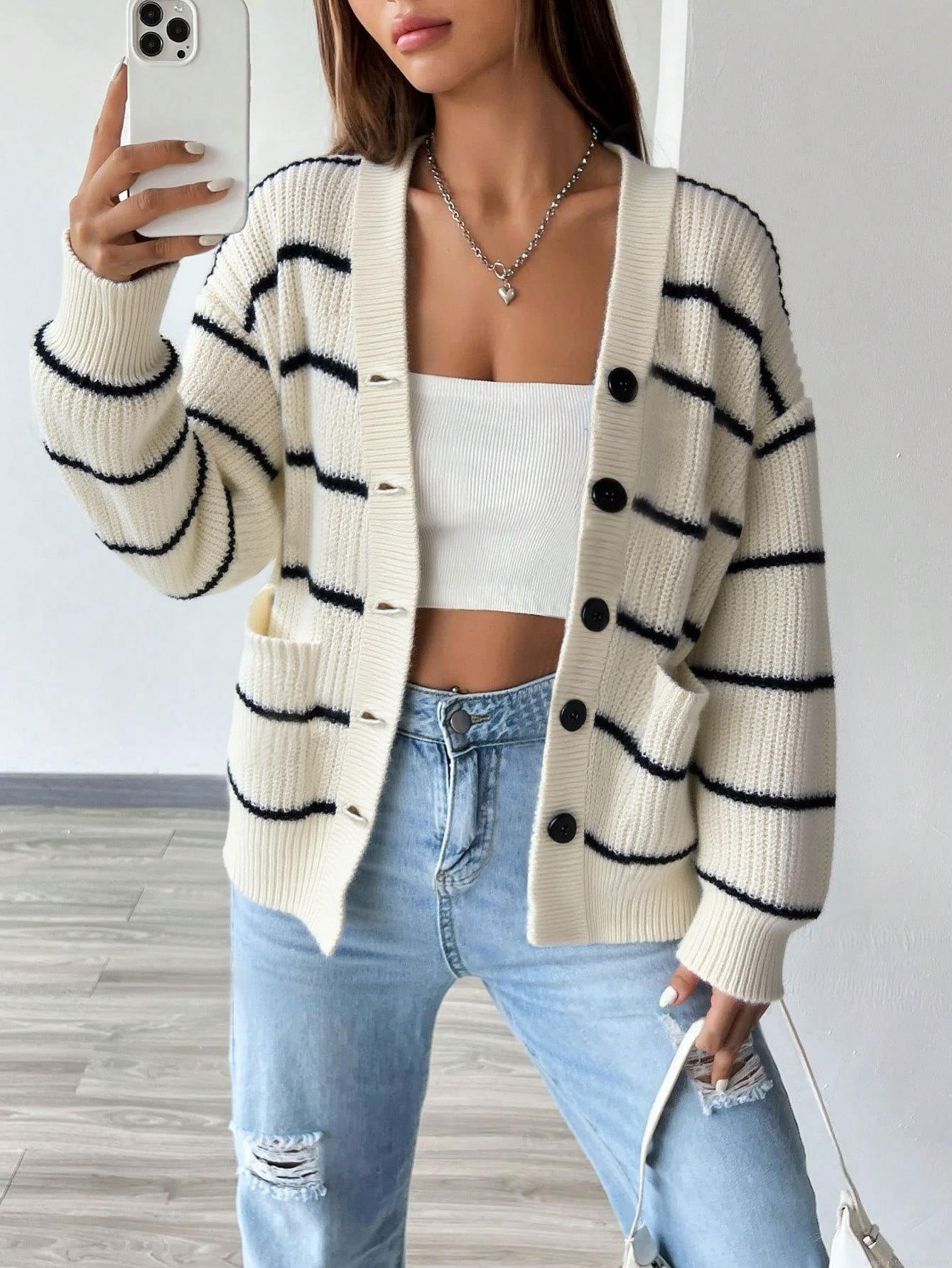 Women's Striped Knit Cardigan Loose Chunky V-Neck Contrast Color Button Sweater With Pockets Long Sleeve Casual Tops 100% Polyester