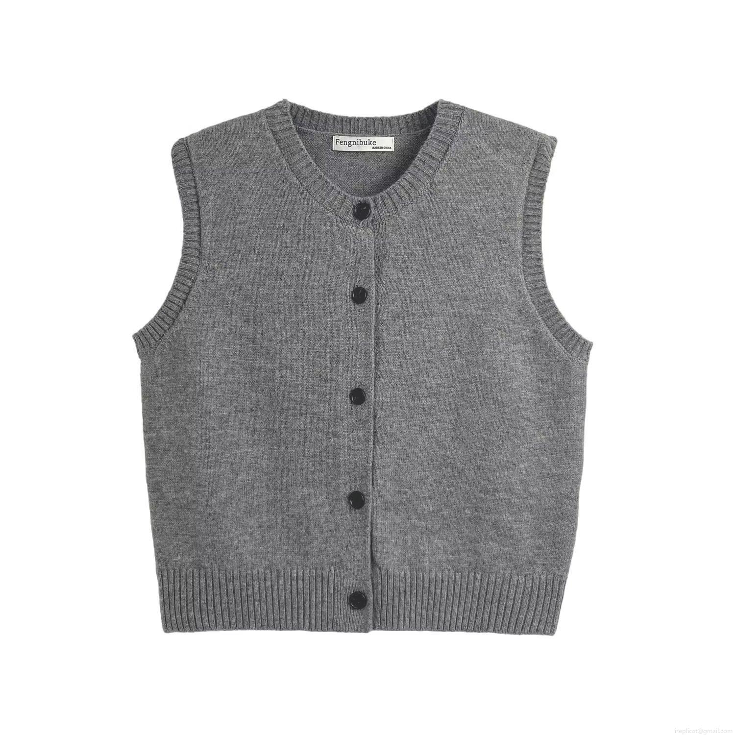 Women Round Neck Sleeveless Knitted Vest Soft Button Down Solid Color Sweater Vest Streetwear Polyester Blend Cardigan Top For Autumn Winter