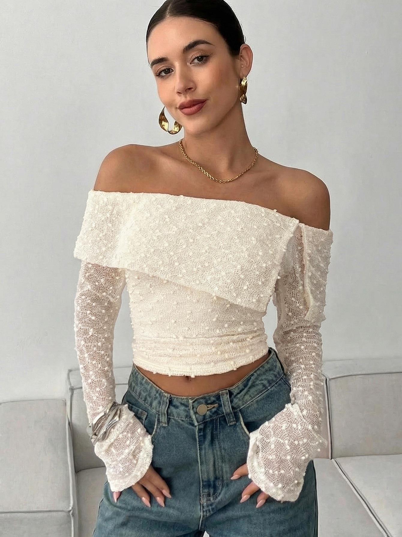 French Style Off Shoulder Flared Sleeve T-Shirt Women 3D Dotted Texture Slim Fit Cropped Top Sexy Long Sleeve Shirt For Dating Party 95% Polyester 5% Spandex