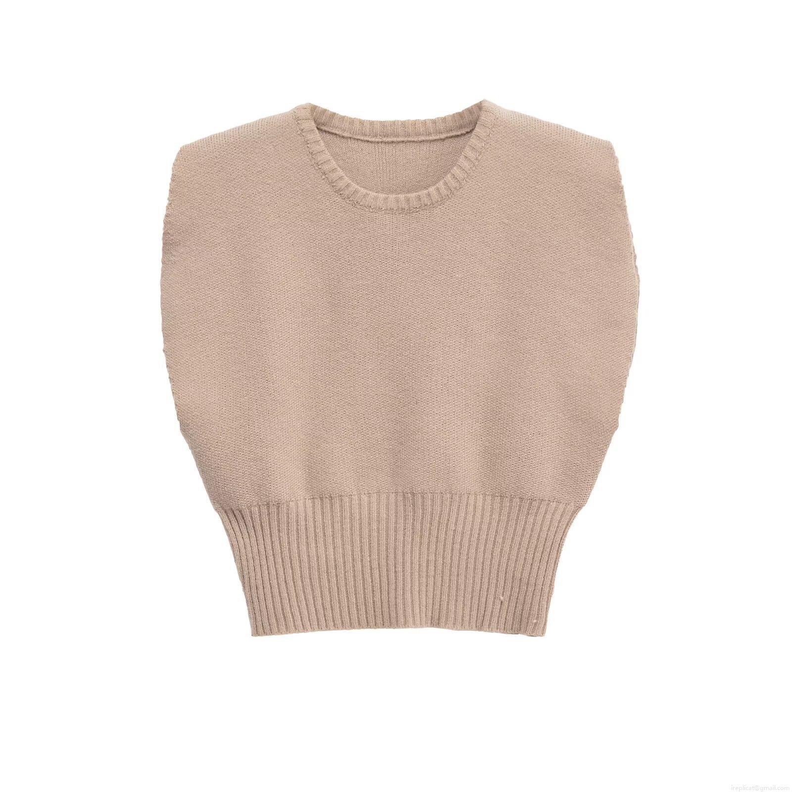 Women's Loose Knit Vest Khaki Sleeveless Round Neck Polyester Sweater Tank Top With Shoulder Pads For Fall Streetwear Casual Outfits