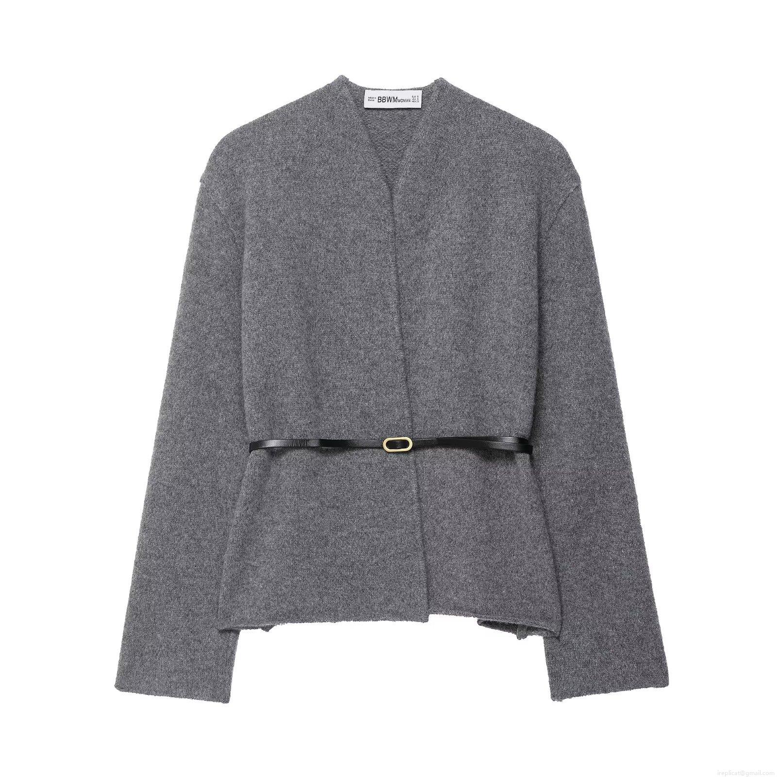 Women's Solid Gray Knitted Pullover Sweater With Black Leather Belt Long Sleeve V-Neck Western Style Casual Autumn Winter Warm Knitwear Top