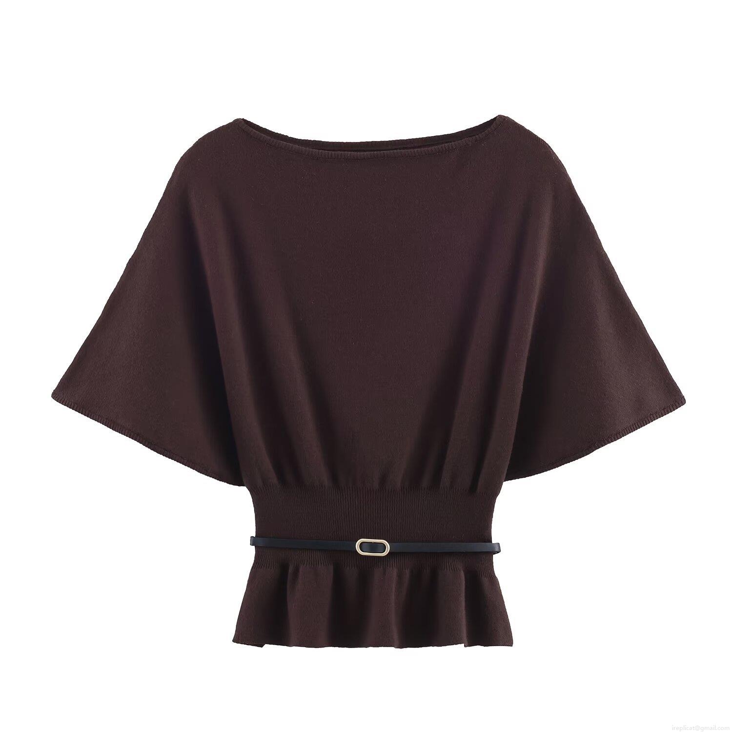 Women's Western Style Knit T-Shirt Elegant Batwing Sleeve Slim Fit Pullover Top With Belt Casual Solid Coffee Brown Peplum Blouse For Women Streetwear Fashion