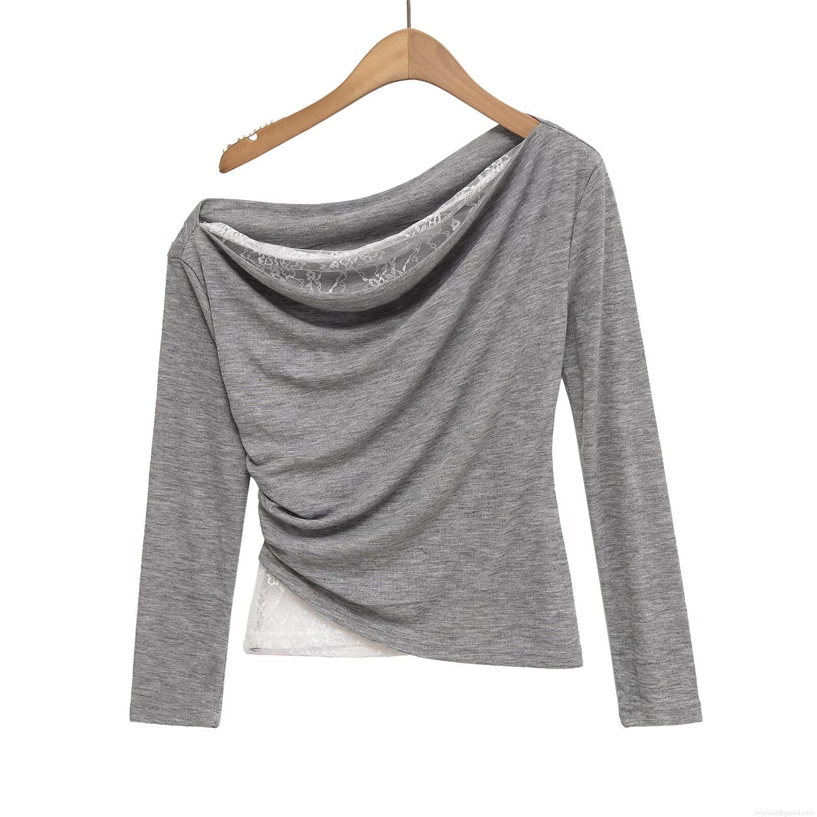 Women's European Style One Shoulder Lace Patchwork Knit T-shirt Slim Fit Grey Long Sleeve Streetwear Polyester Top For Autumn Casual Wear