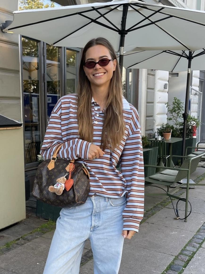 Women's Long Sleeve Striped Polo Shirt Casual Cotton Blend Knit Top Loose Contrast Color Pullover with White Collar Fall Fashion Sweatshirt