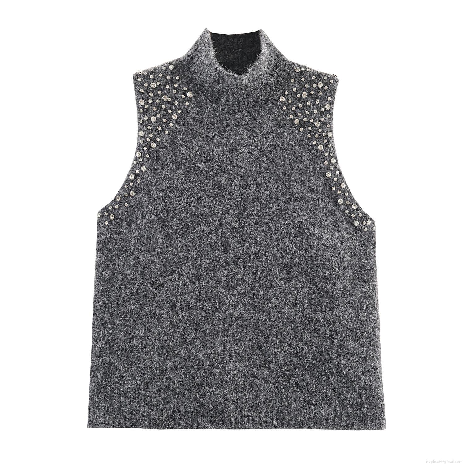 Women's Sleeveless Knit Sweater Vest High Neck Rhinestone Pearl Embellished Pullover Top Loose Autumn Winter Streetwear Gray Fashion Knitwear
