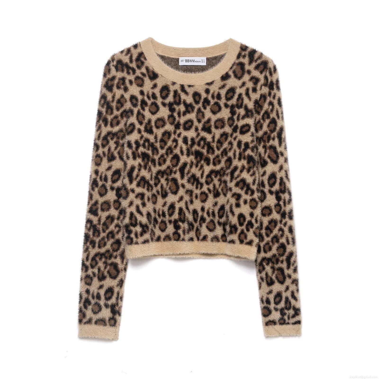 Women's Leopard Print Sweater Faux Mink Fur Polyester Knit Round Neck Long Sleeve Ribbed Cuff Casual Streetwear Autumn Winter Warm Pullover Top