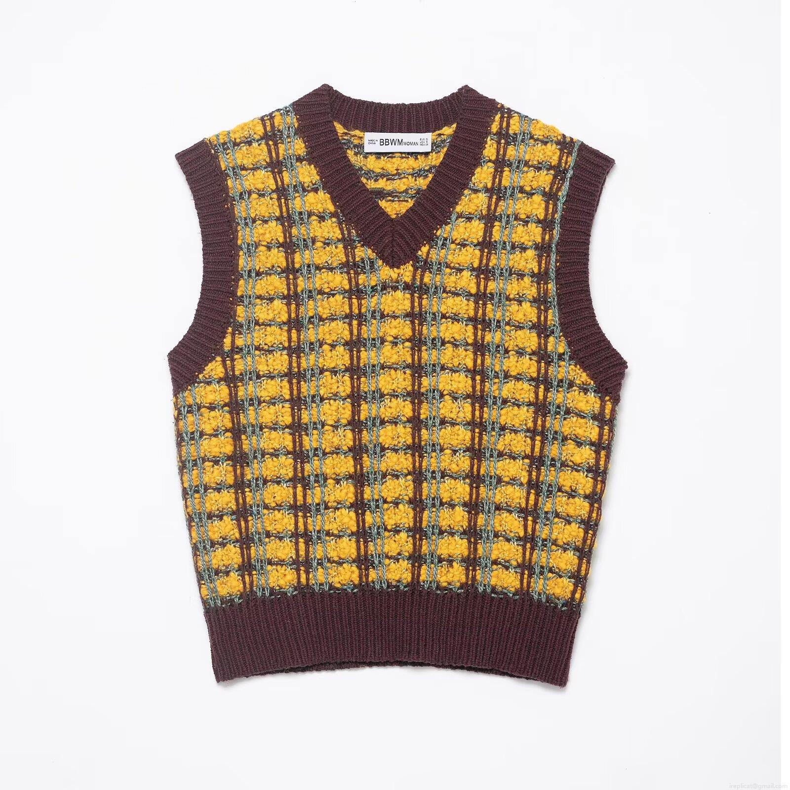 Women Vintage Plaid Knitted V-Neck Vest Sleeveless Retro Checkerboard Sweater Vest Pullover Autumn Winter Casual Fashion Knit Tank Top