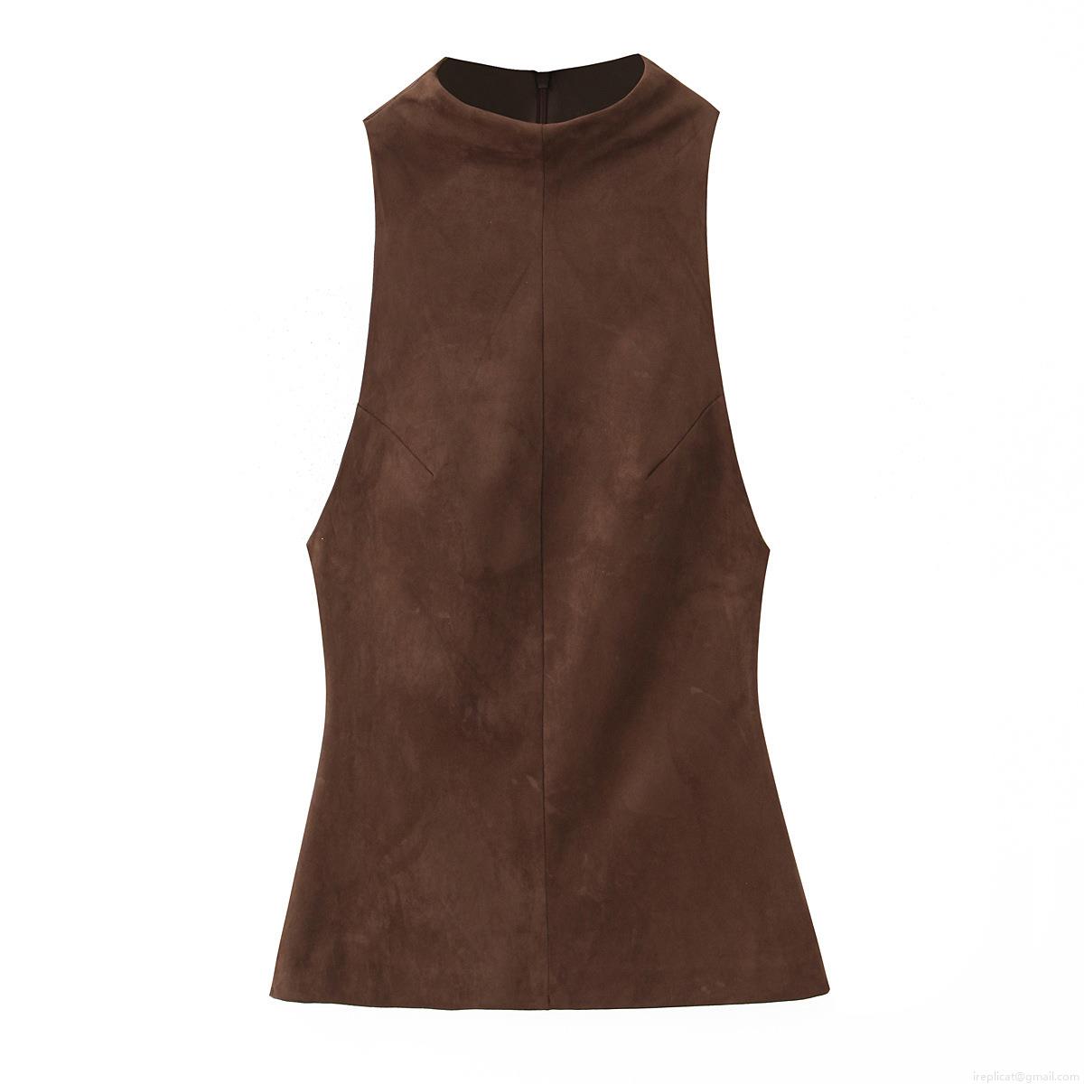 Women's Faux Suede Sleeveless Top Round Neck Skirt Style Hem Street Fashion Casual Tank Top With Back Zipper Polyester Dark Brown Solid Color Clubwear