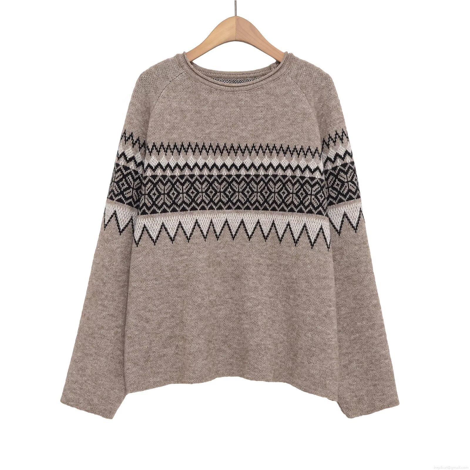 Women's Retro Fair Isle Geometric Jacquard Knit Sweater Loose Crew Neck Long Sleeve Polyester Pullover Autumn Winter Warm Casual Top