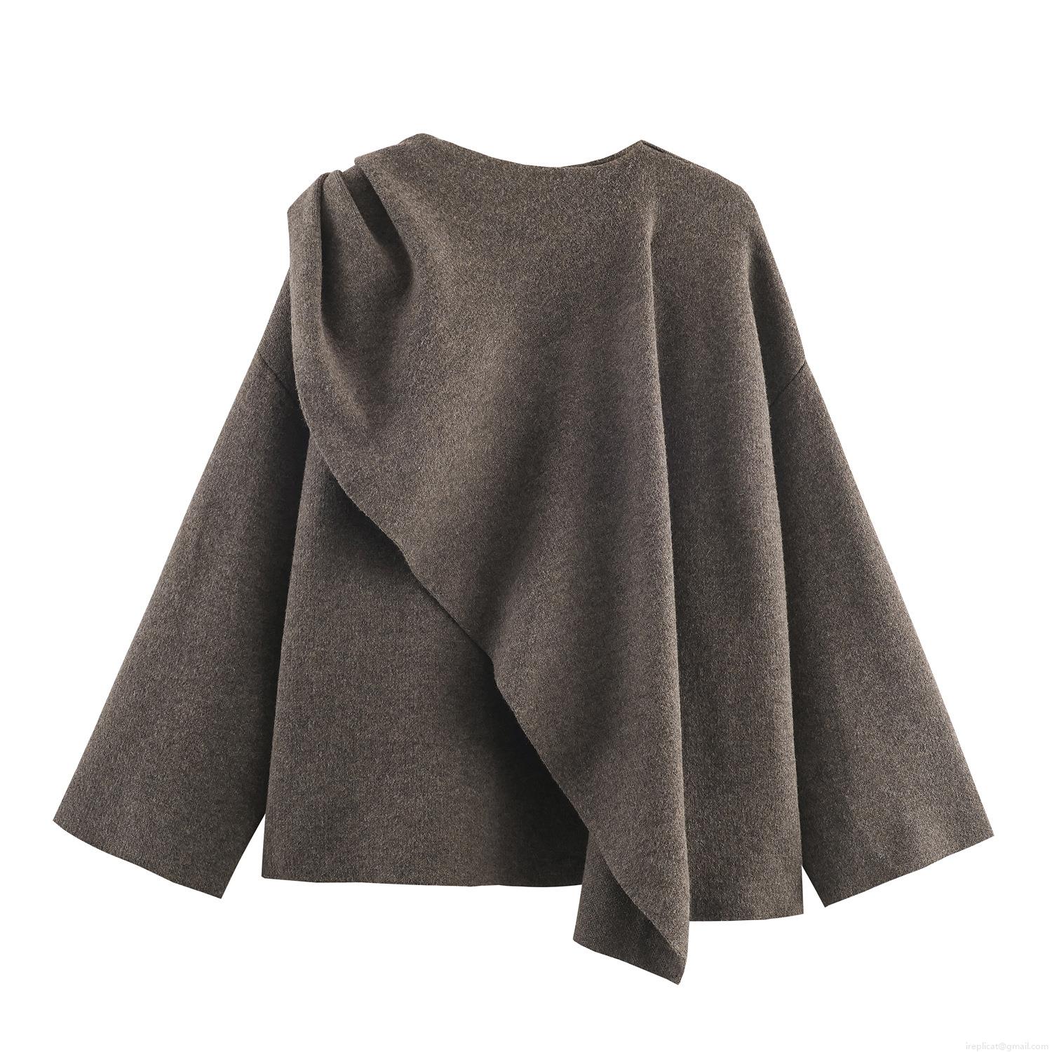 Women's Asymmetric Scarf Collar Knit Sweater Autumn Winter Oversized Solid Color Polyester Pullover Streetwear Casual Soft Long Sleeve Knitwear