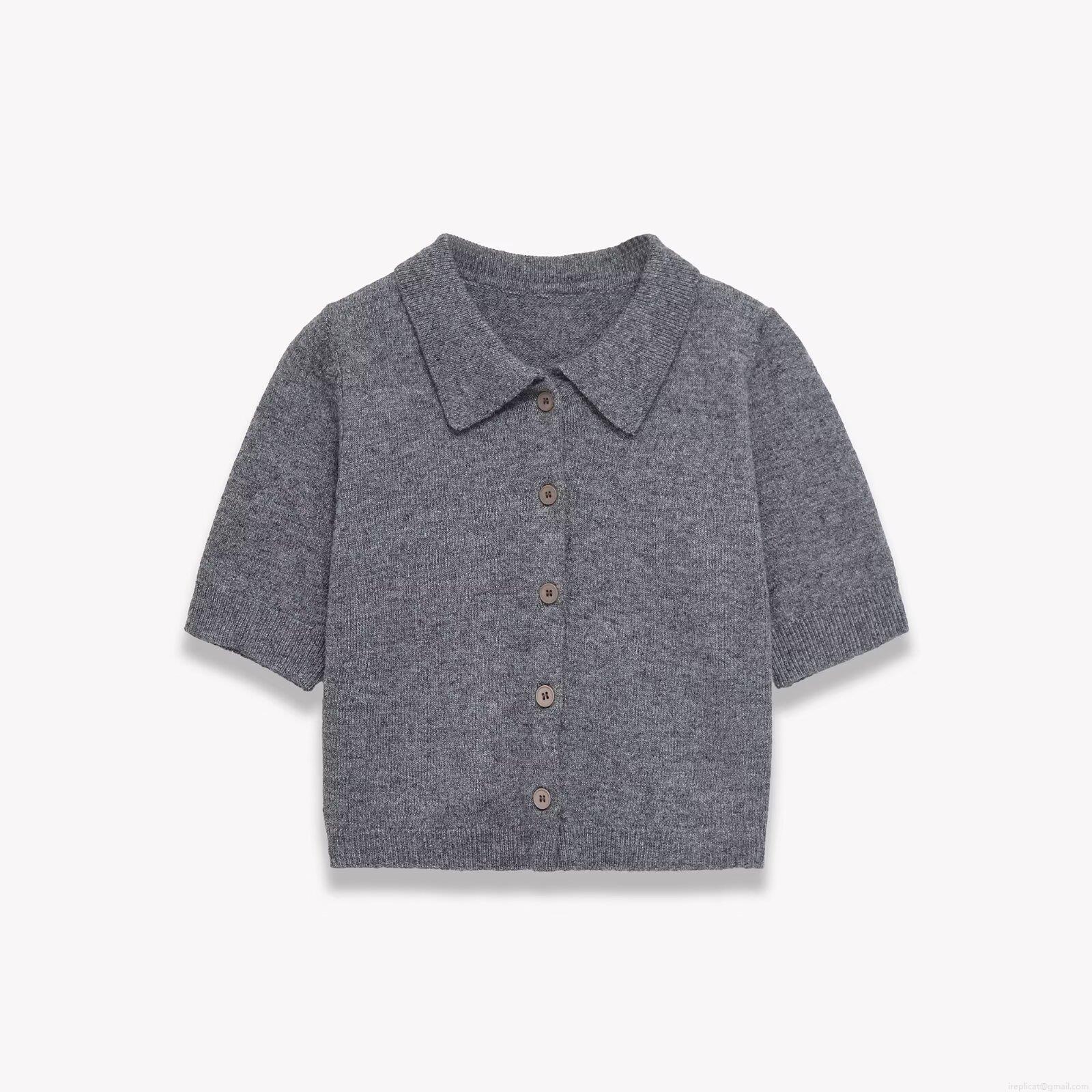 Women Short Sleeve Knit Cardigan Sweater Polo Lapel Single Breasted Solid Color Polyester Casual Autumn Winter Soft Knitwear Grey Tops