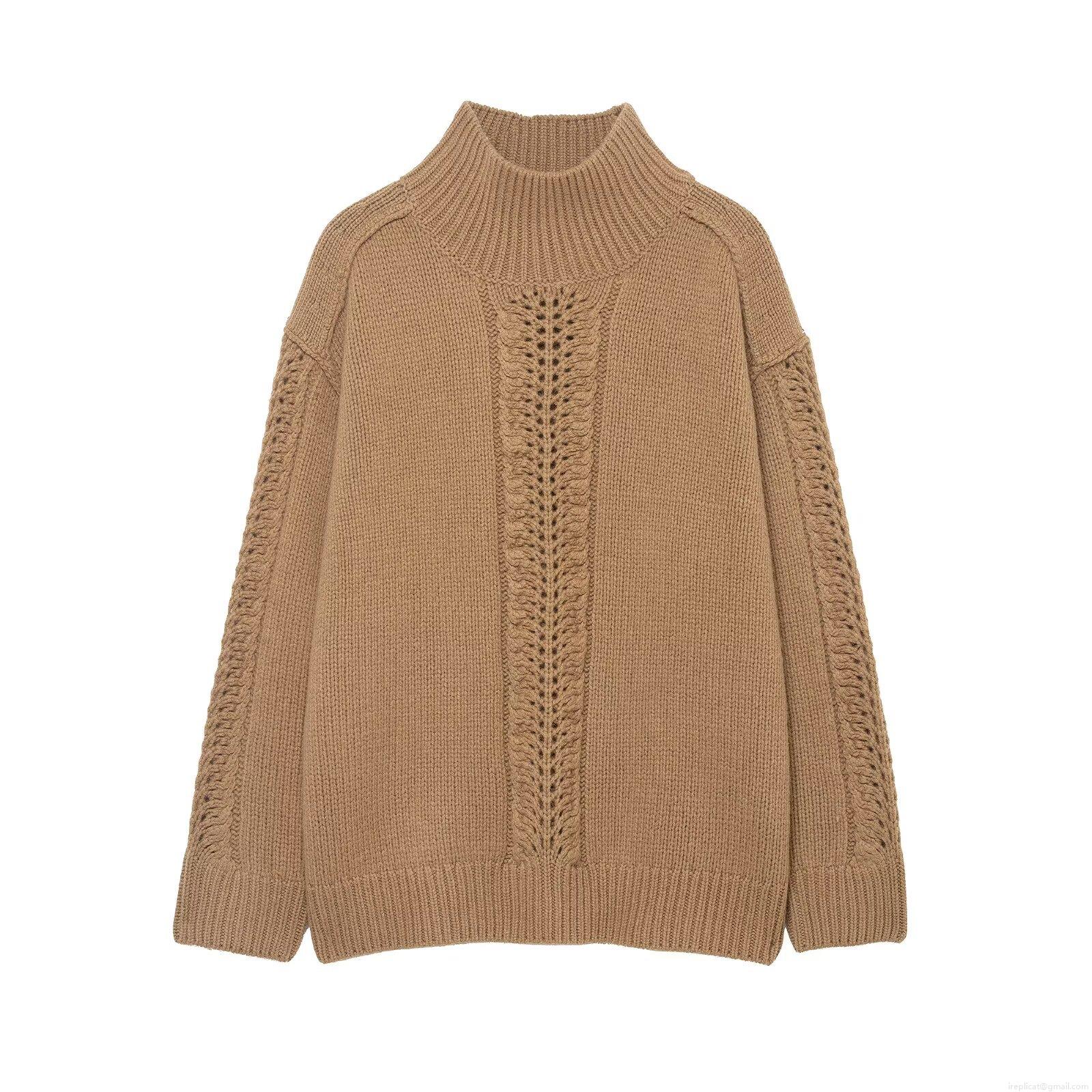 Women Vintage Cable Knit Sweater Hollow Out Pullover Mock Neck Long Sleeve Casual Loose Warm Solid Color Polyester Knitwear Top