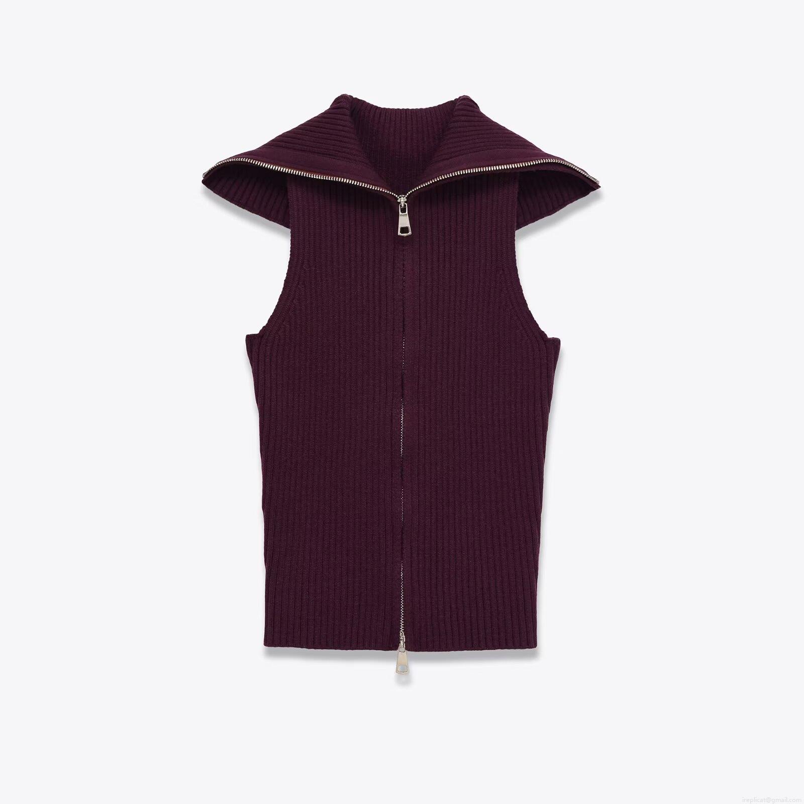 Women's Ribbed Knit Vest Sleeveless Zip Up Lapel Sweater Top Solid Wine Red Slim Fit Streetwear Autumn Pullover Waistcoat For Lady