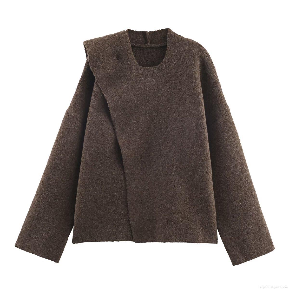 Women's Casual Asymmetrical Scarf Collar Knit Sweater Autumn Winter Loose Pullover Solid Deep Brown Polyester Long Sleeve Jumper Top With Metal Buttons