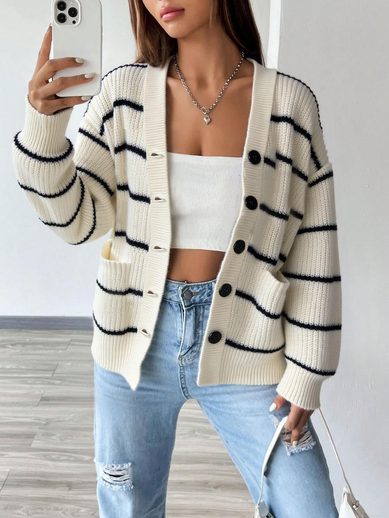 Women's Loose Striped Knit Cardigan V-Neck Long Sleeve Button Down Sweater Coat With Pockets Casual 100% Polyester Outerwear For Autumn Winter