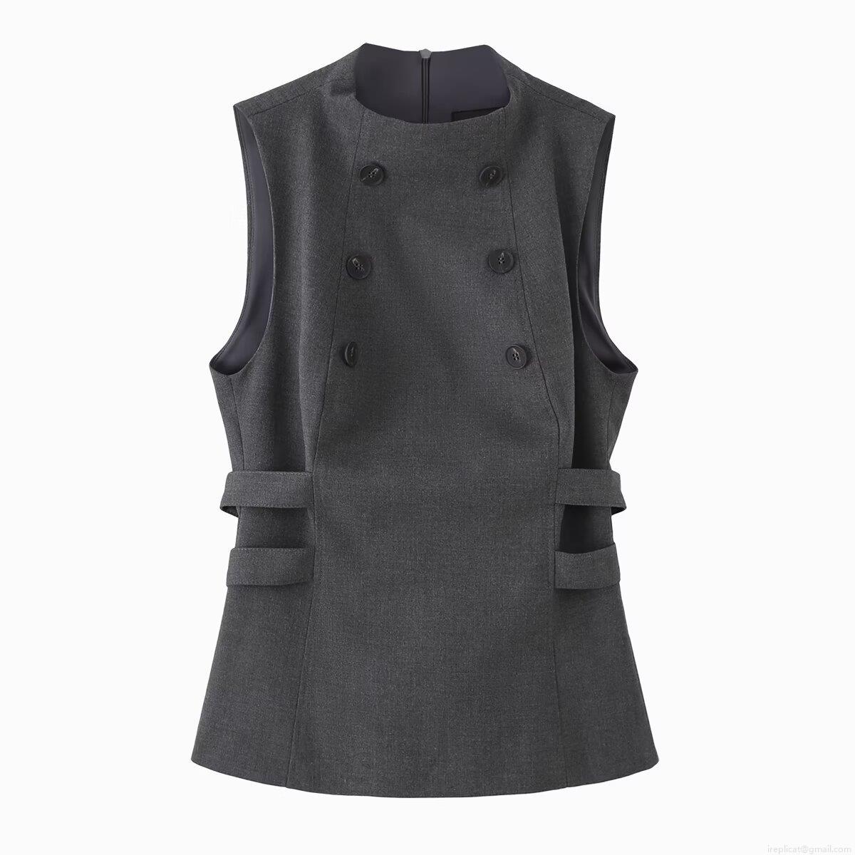 Women's Elegant Slim Fit Double Breasted Sleeveless Top Polyester Mock Neck Solid Color Grey Vest With Side Cutout Straps For Office Commuting Party Lady Fashion