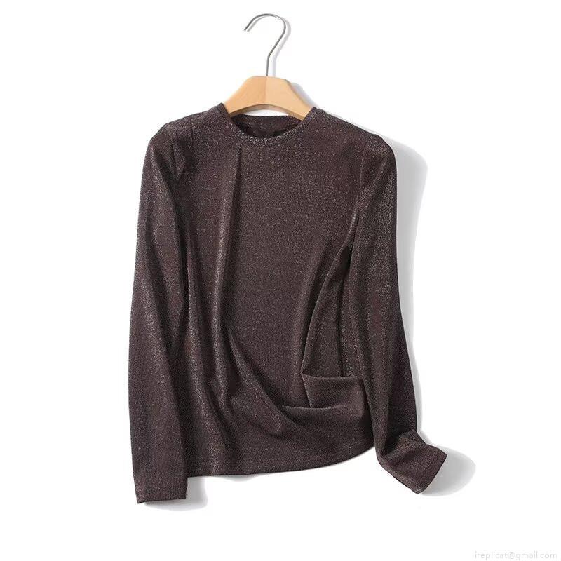 Women's Metallic Shiny T-Shirt Long Sleeve Slim Fit Round Neck Deep Brown Casual Fashion Pullover Top Made Of Nylon Spandex And Silver Thread Soft Elegant Apparel