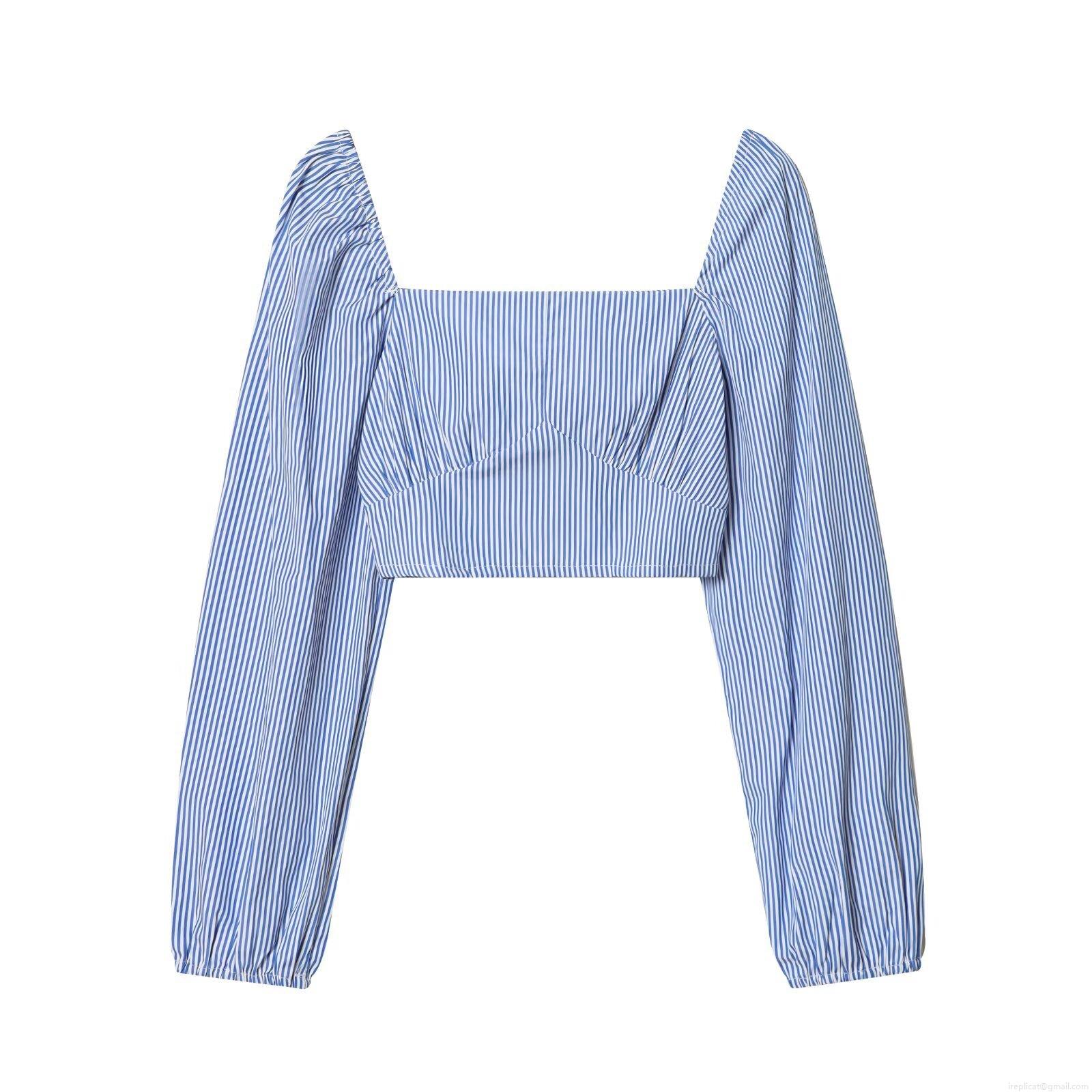 French Style Women Blue White Striped Square Neck Cropped Top Long Puff Sleeve Smocked Slim Fit Blouse T-Shirt For Casual Vacation