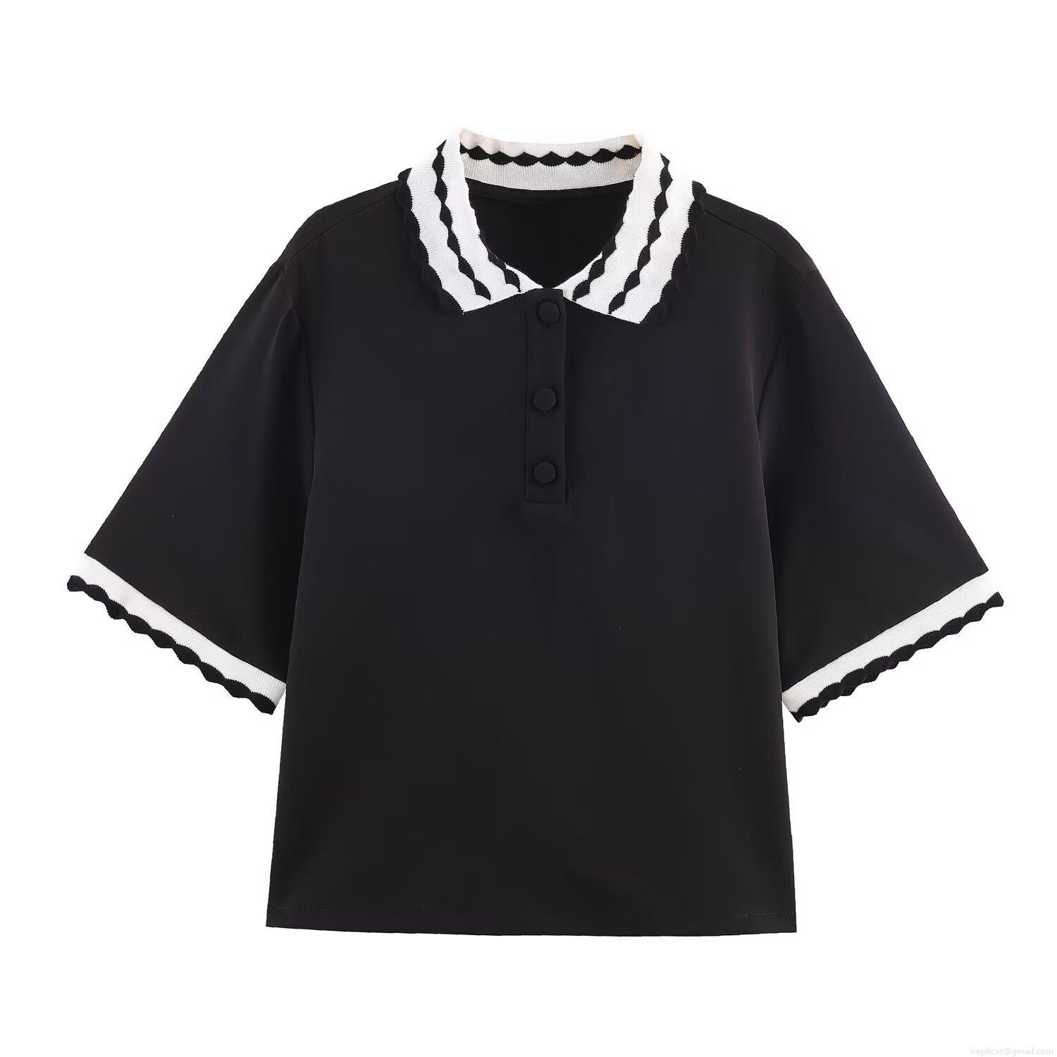 Women's Casual Sweet POLO Shirt Knitted Contrast Color Scalloped Collar Short Sleeve Top With Buttons Comfortable Polyester Spandex T-Shirt For Daily Wear