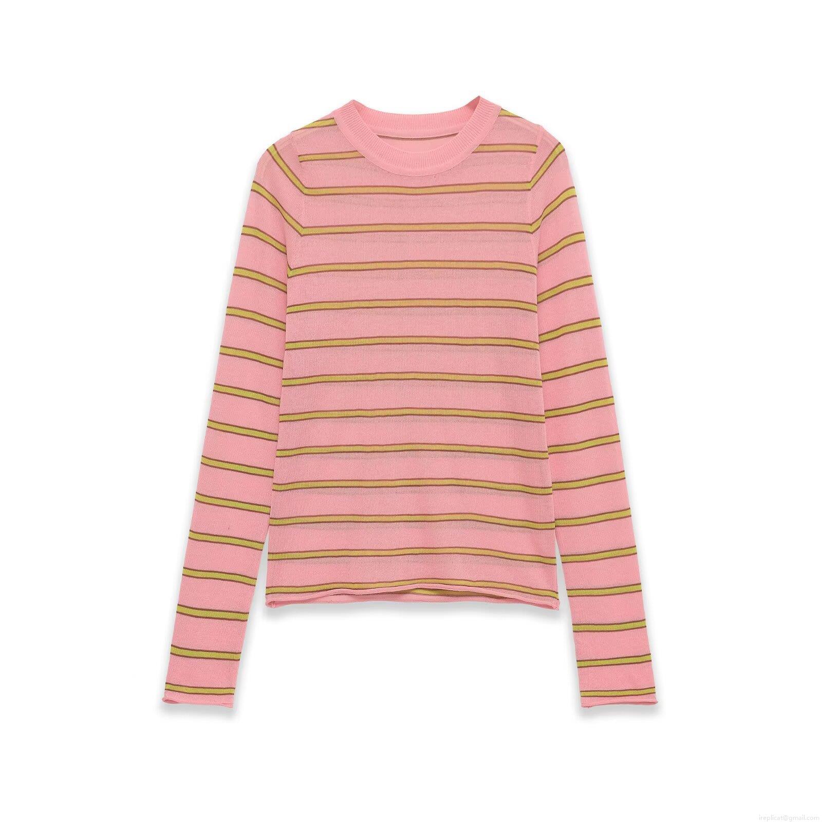 Women Striped Knit T-Shirt Polyester Round Neck Long Sleeve Slim Fit Casual Top Pink Green Yellow Stripe Spring Fashion Knitwear