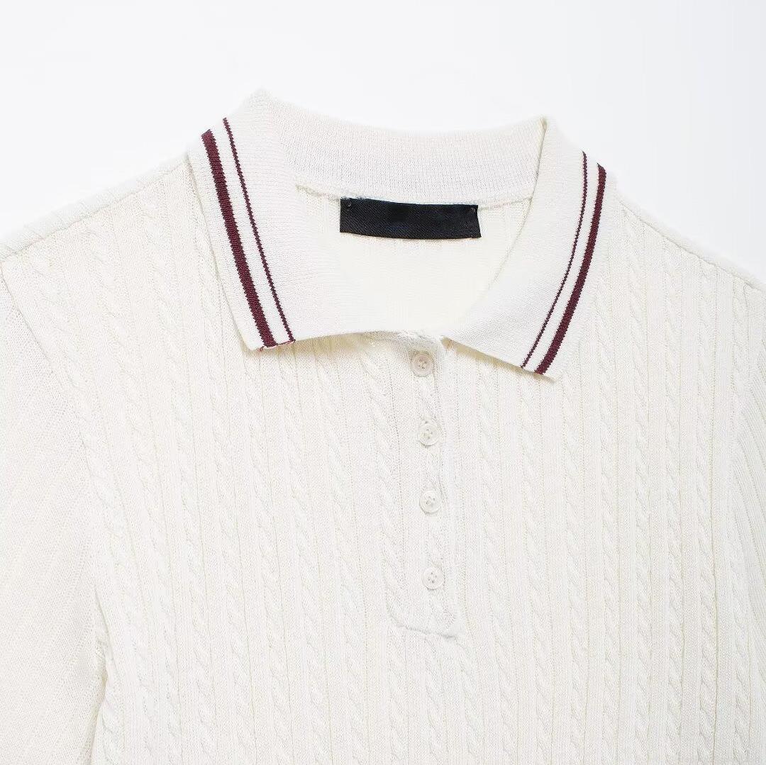 Women's Casual Knit Polo Shirt Short Sleeve Cable Knit Contrast Stripe Lapel Collar Button Up Top Academic Style Knitwear White Short Sleeve Tee
