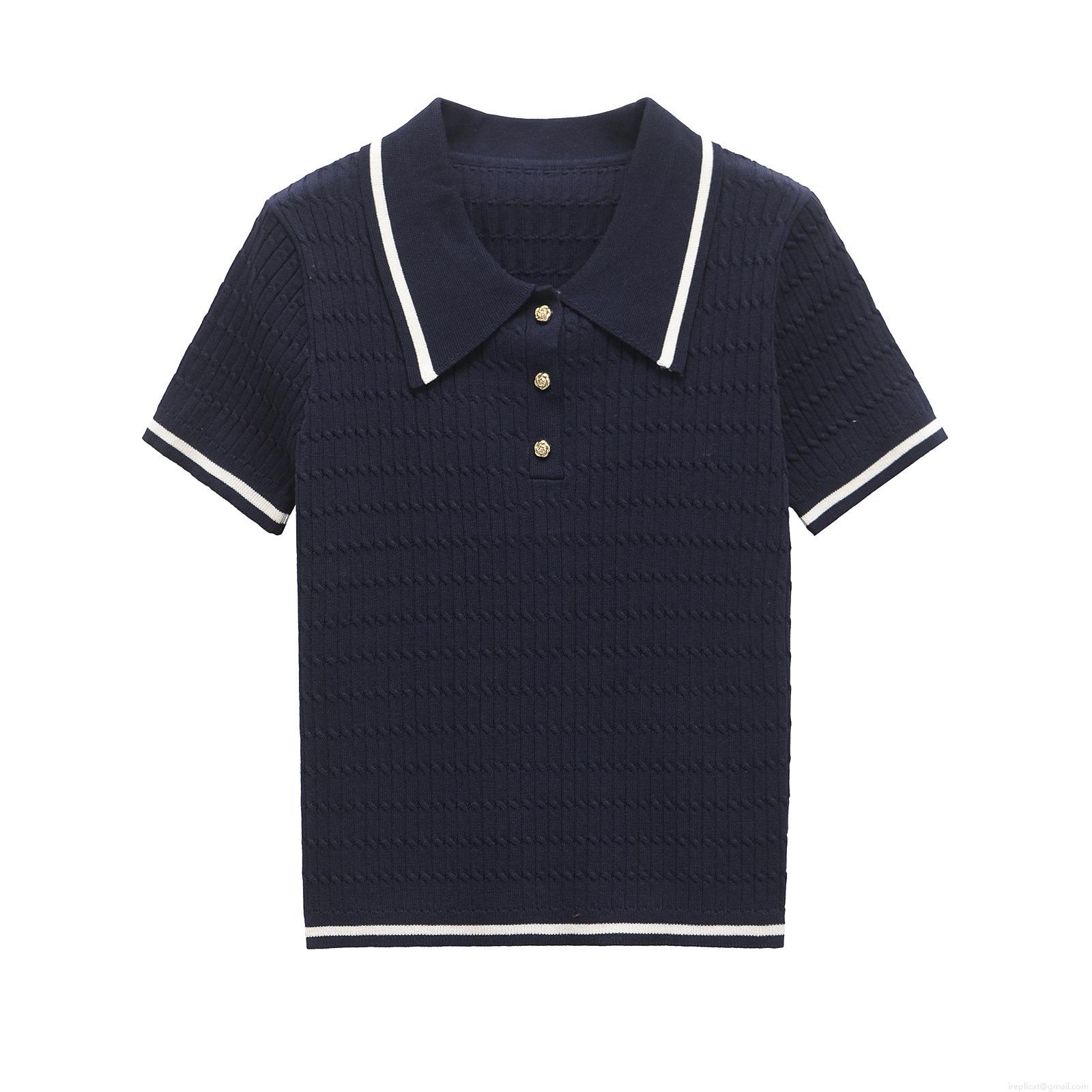 Women's Short Sleeve Knit Polo Shirt Contrast Stripe Lapel Cable Knit Top With Gold Buttons Casual Mercerized Cotton T-Shirt For Women