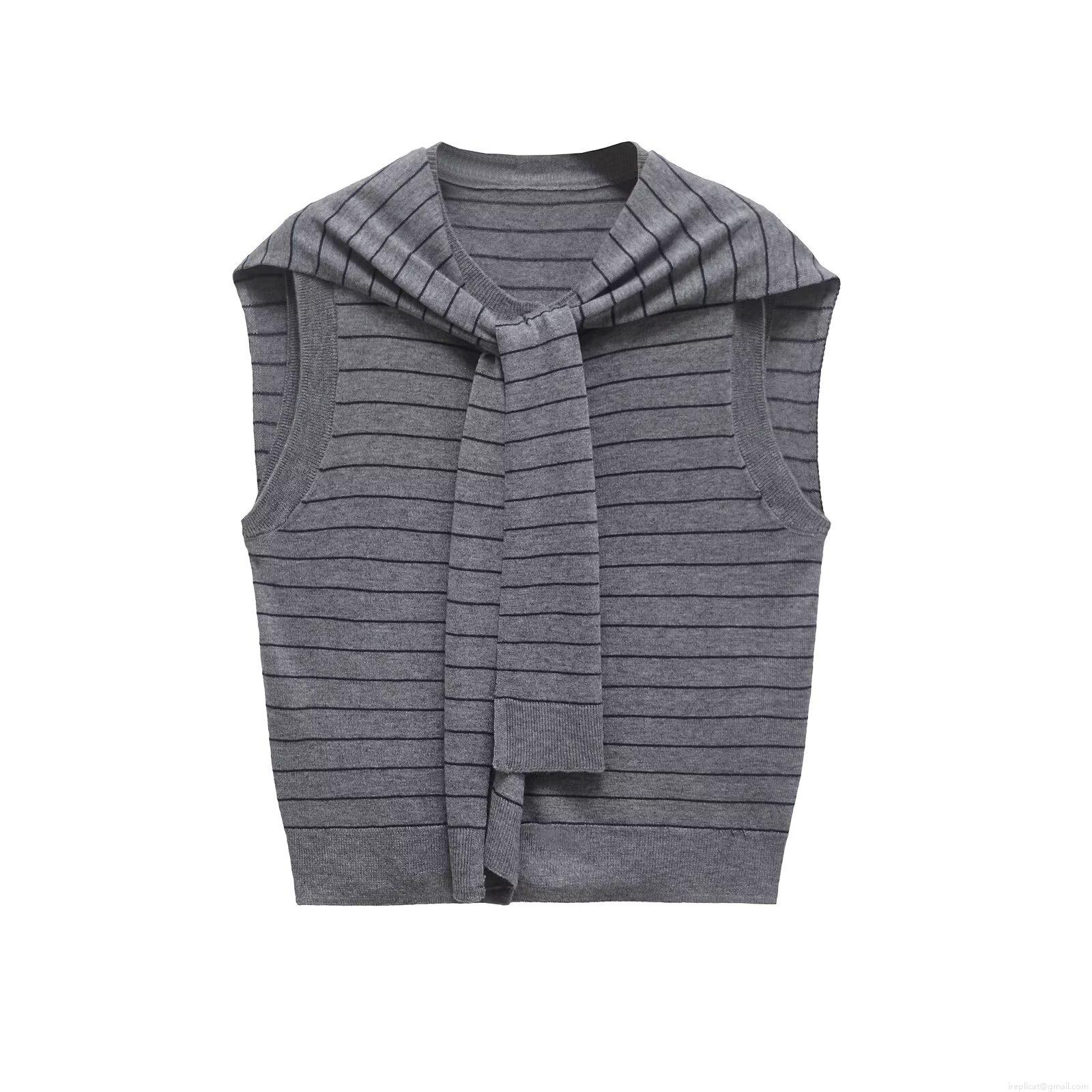 Women's Striped Knit Vest With Matching Shawl Round Neck Sleeveless Fake Two Piece Top Elegant Summer Commuter Tank Top Polyester Spandex Lightweight Soft Breathable Apparel