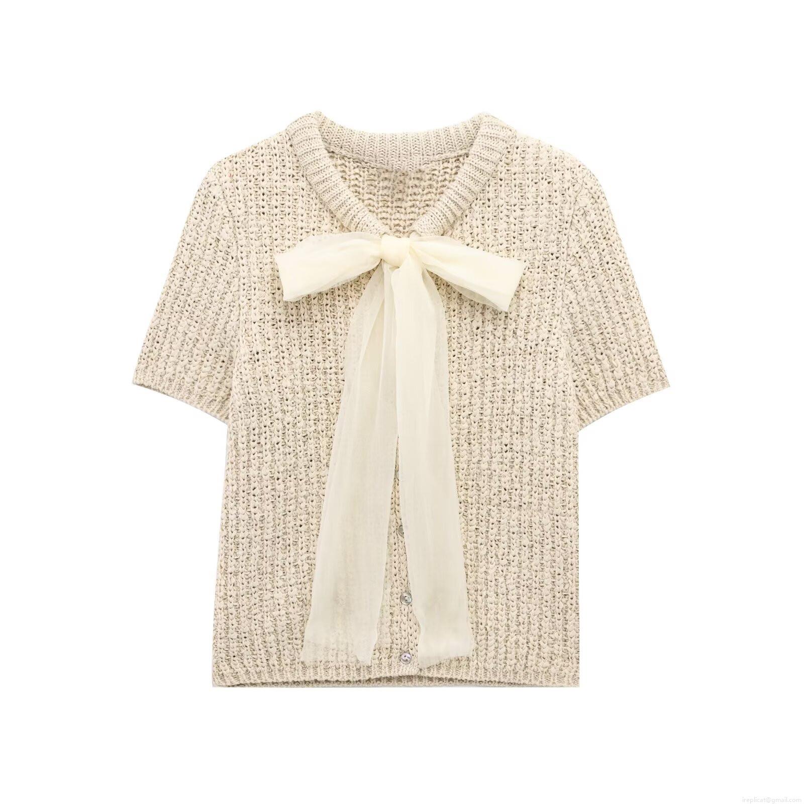 Women's Elegant Beige Short Sleeve Knit Cardigan Top With White Organza Bow Decoration Summer Fashion Single Breasted Chunky Knit Sweater For Women