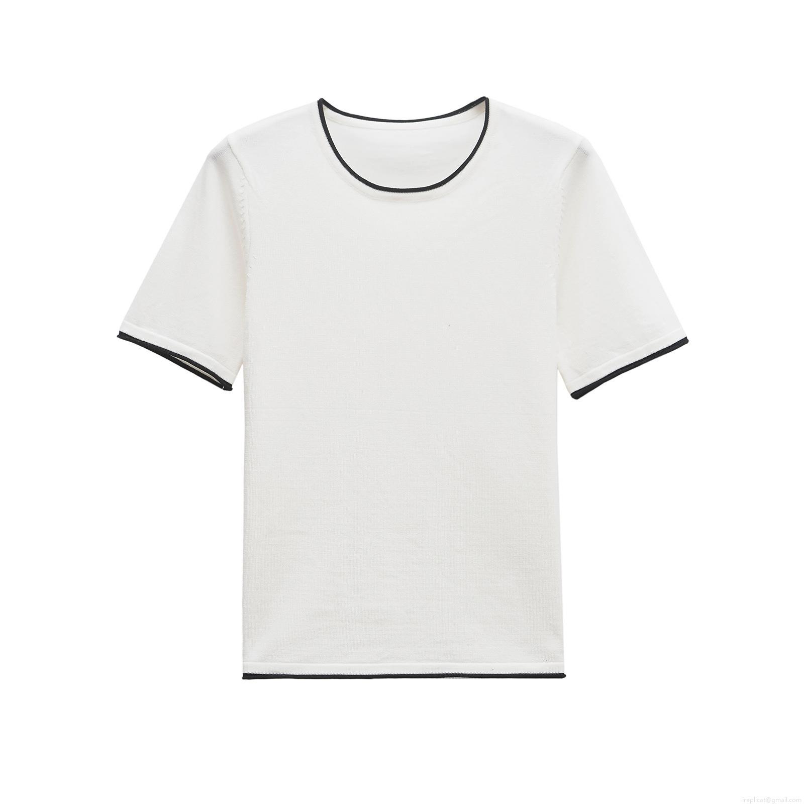 Women's Fashion Minimalist Mercerized Cotton Knit T-Shirt Contrast Trim Short Sleeve Round Neck Casual Daily Summer Top Breathable Soft Comfortable Top