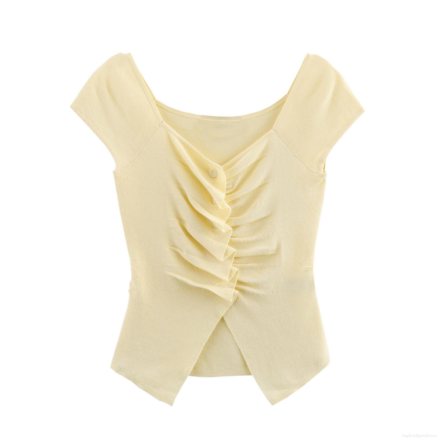 Women Sweet Ruched Knit T-Shirt Slim Fit U-Neck Button Decor Ribbed Short Sleeve Top Elegant Daily Casual Polyester Spandex Soft Breathable Tee