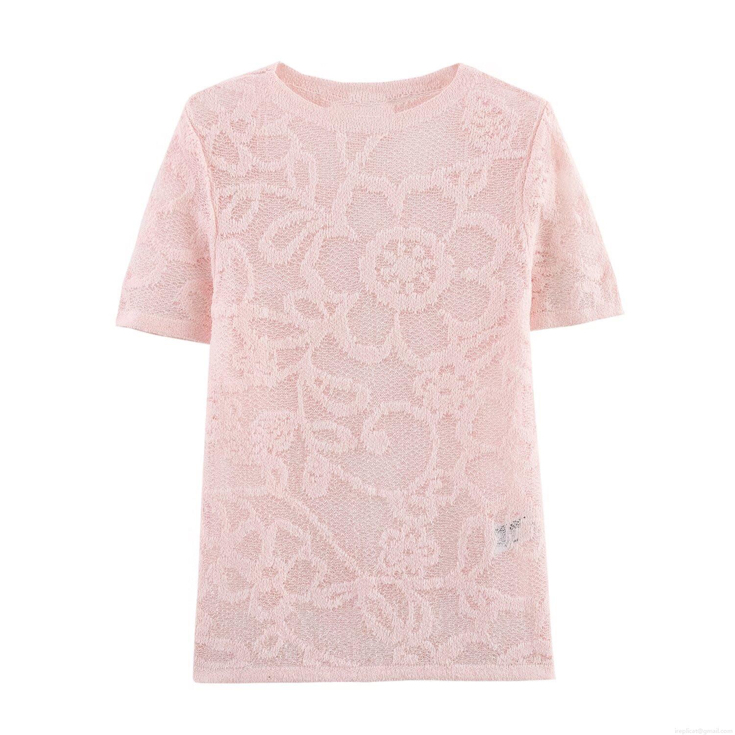 Women's Sweet Lace Floral T-Shirt Elegant Hollow Out Mesh Short Sleeve Round Neck Knit Top Pink Casual Blouse For Summer Ladies