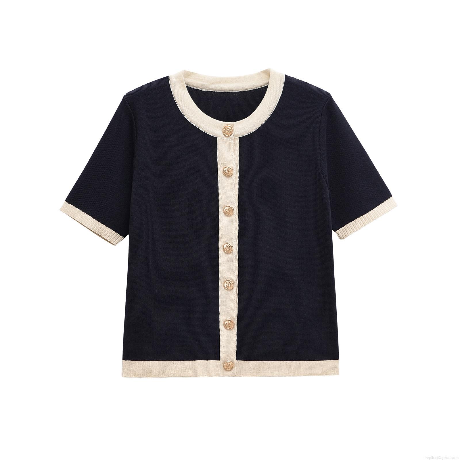 French Style Women Mercerized Cotton Knit Short Sleeve Cardigan Round Neck Contrast Trim Button Down Sweater Top For Summer Daily Elegant Casual